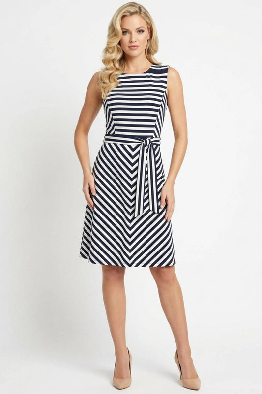 ILE Clothing Sleeveless Belted A-Line Print Dress