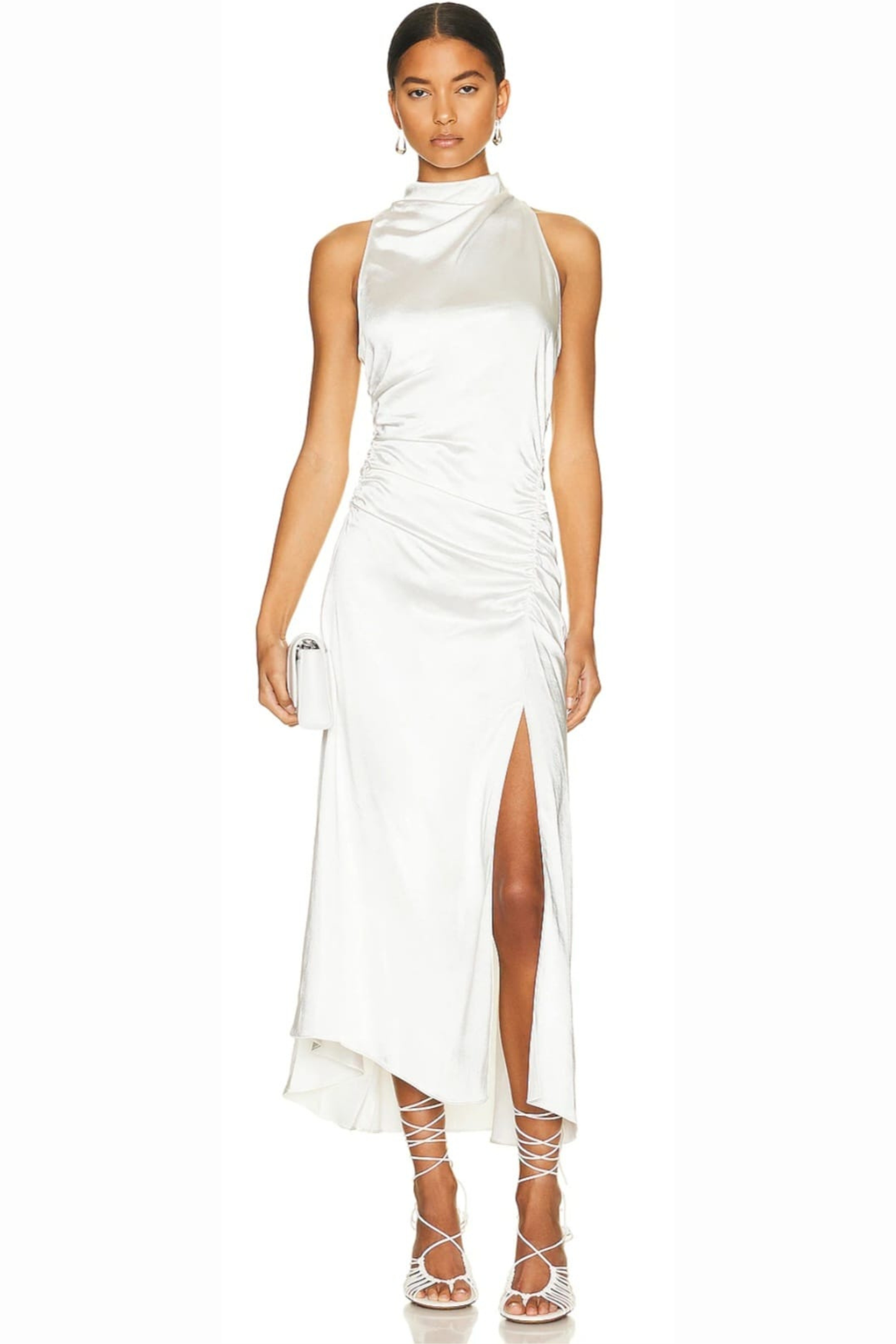 Ivy & Blu White Satin High-Neck Ruched Evening Dress