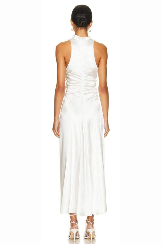 Ivy & Blu White Satin High-Neck Ruched Evening Dress