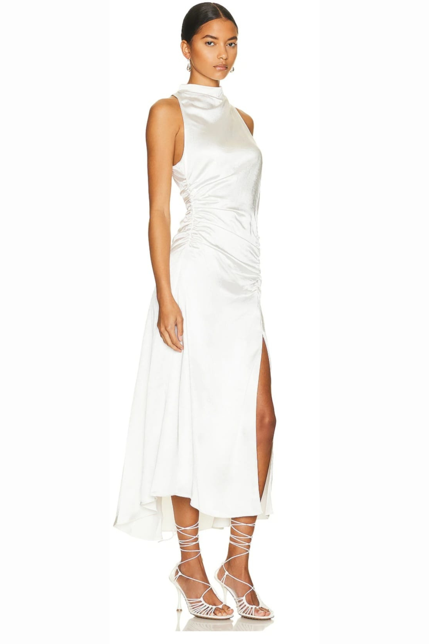 Ivy & Blu White Satin High-Neck Ruched Evening Dress