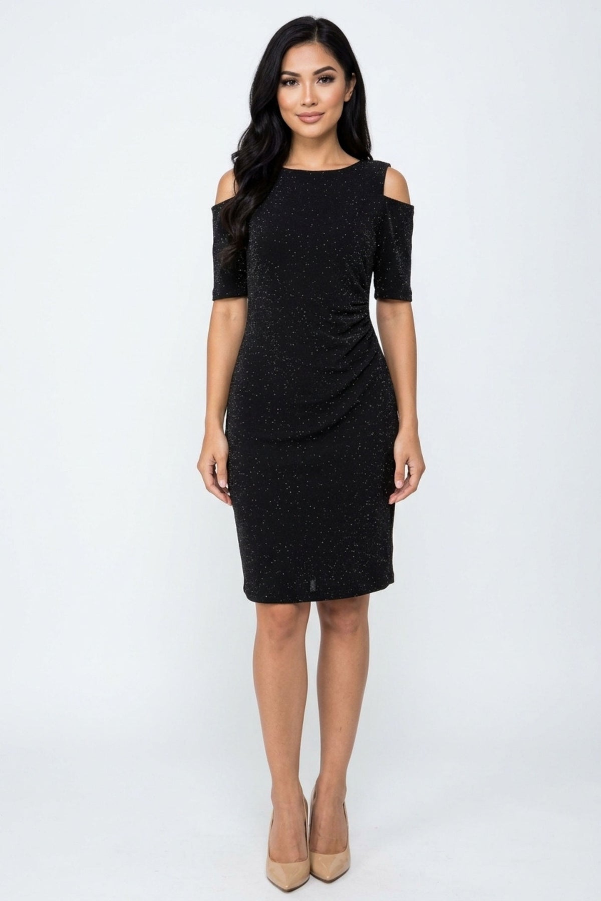 ILE Clothing Side Pleat Cold Shoulder Sheath Dress