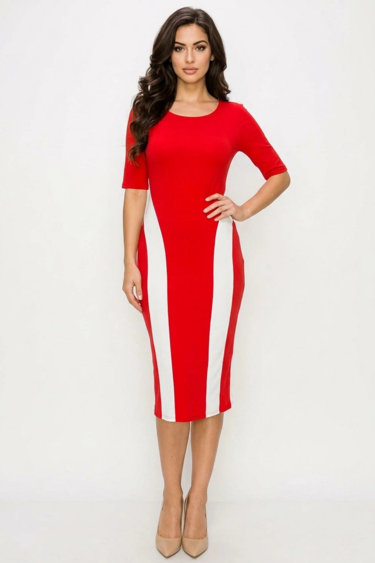ILE Clothing Short Sleeve Side Stripe Detail Midi Dress (MORE COLORS)