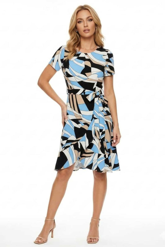 Jessica Rose Abstract Geometric Print Ruffle Wrap Dress
