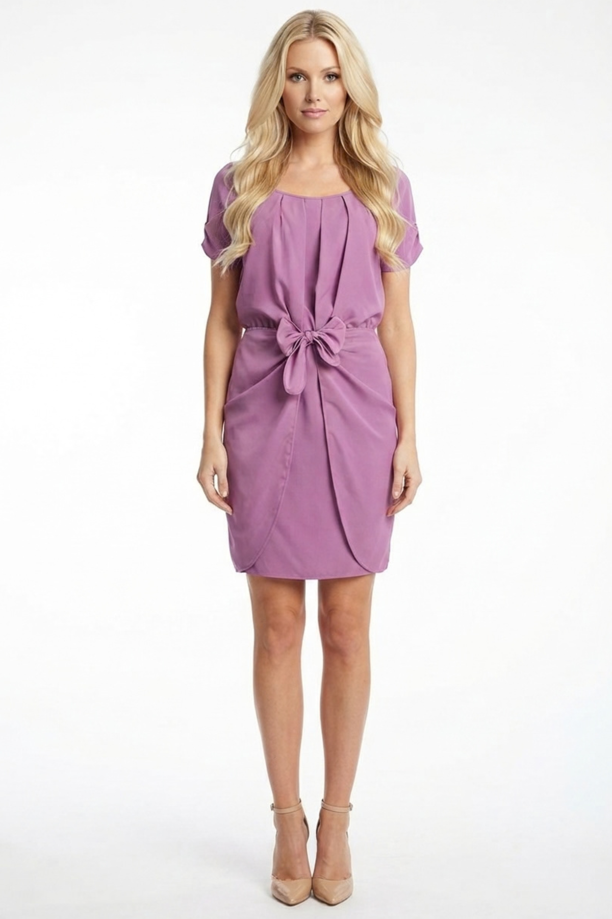 Jessica Simpson Lavender Purple Bow Front Tulip Hem Short Sleeve Cocktail Dress