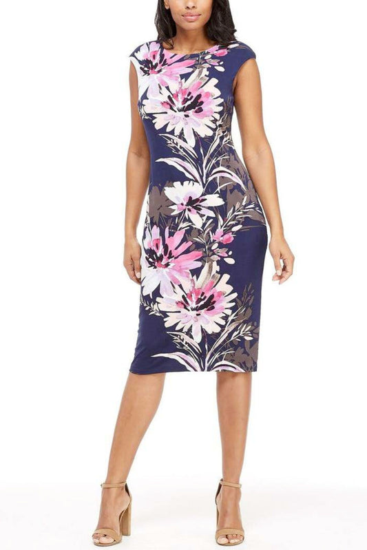 London Times Floral Print Sheath Midi Dress