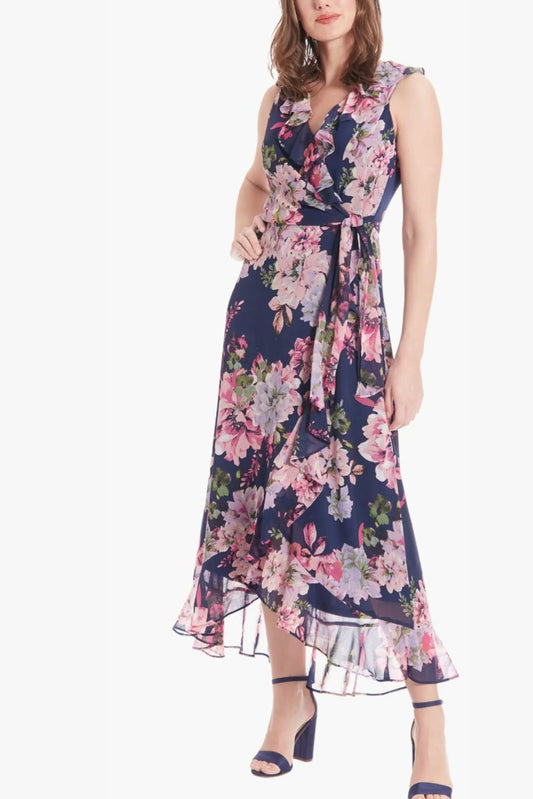 London Times Floral Print Faux Wrap Hi-Lo Dress