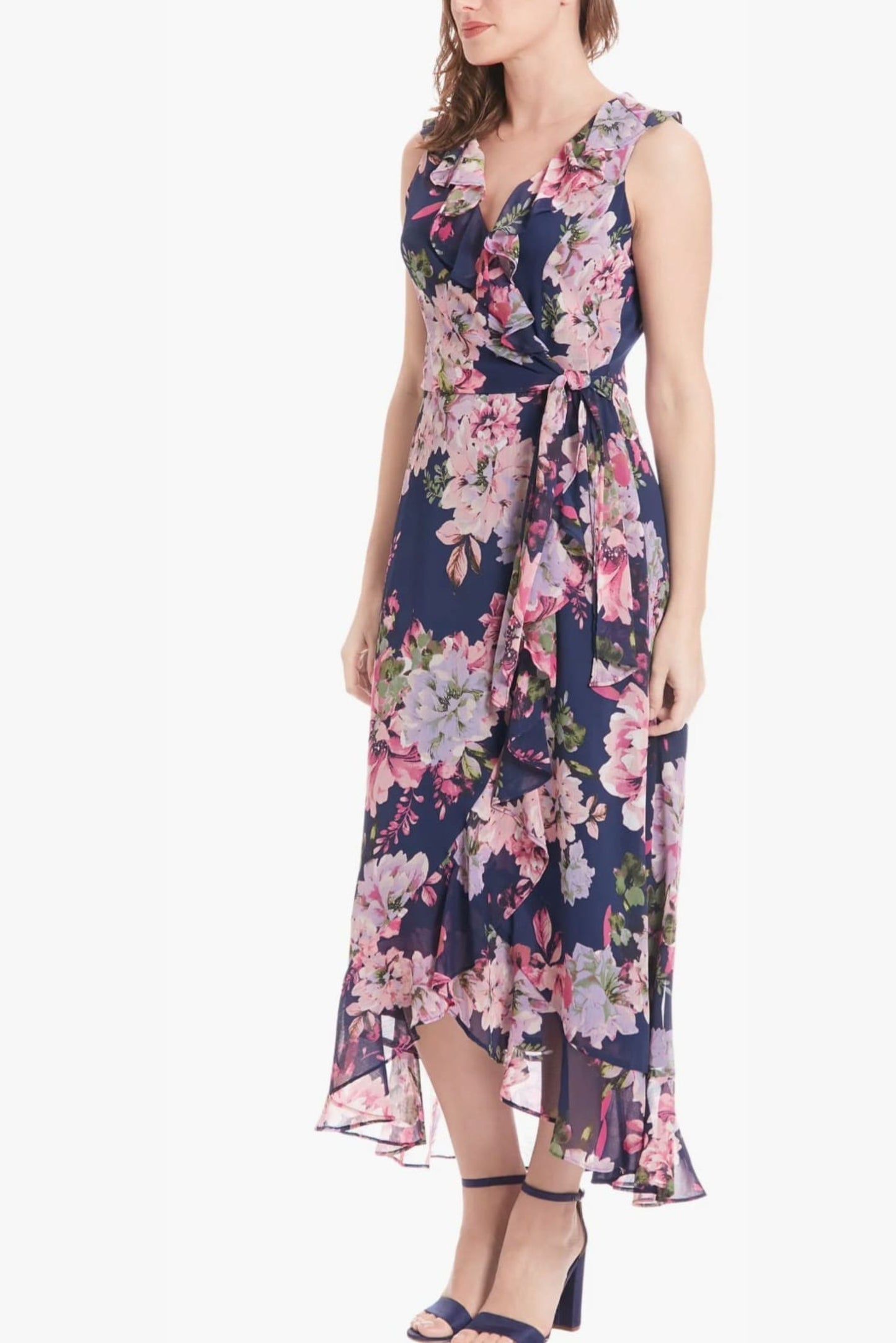 London Times Floral Print Faux Wrap Hi-Lo Dress