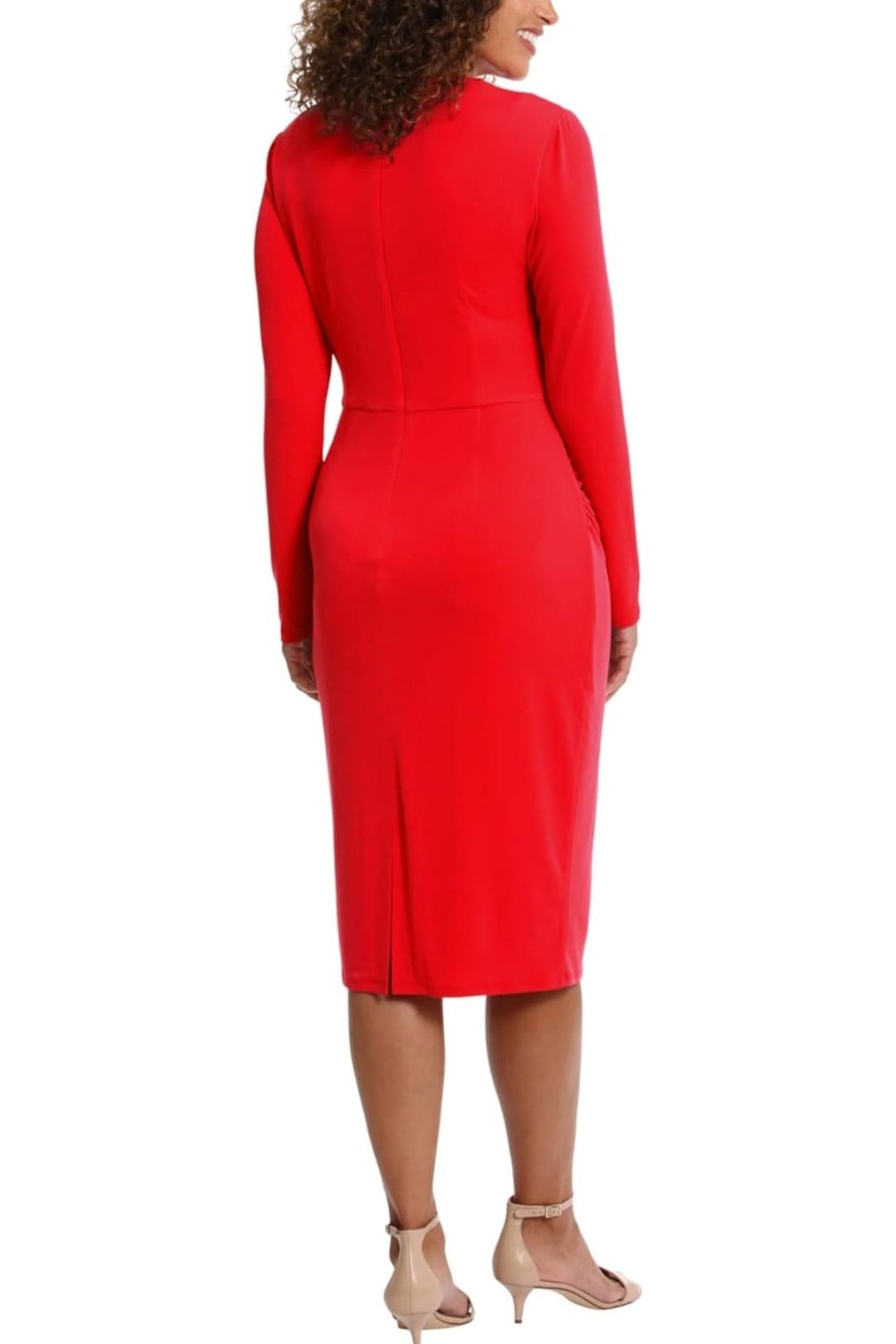 London Times Long Sleeve Draped-Neck Ruched Dress