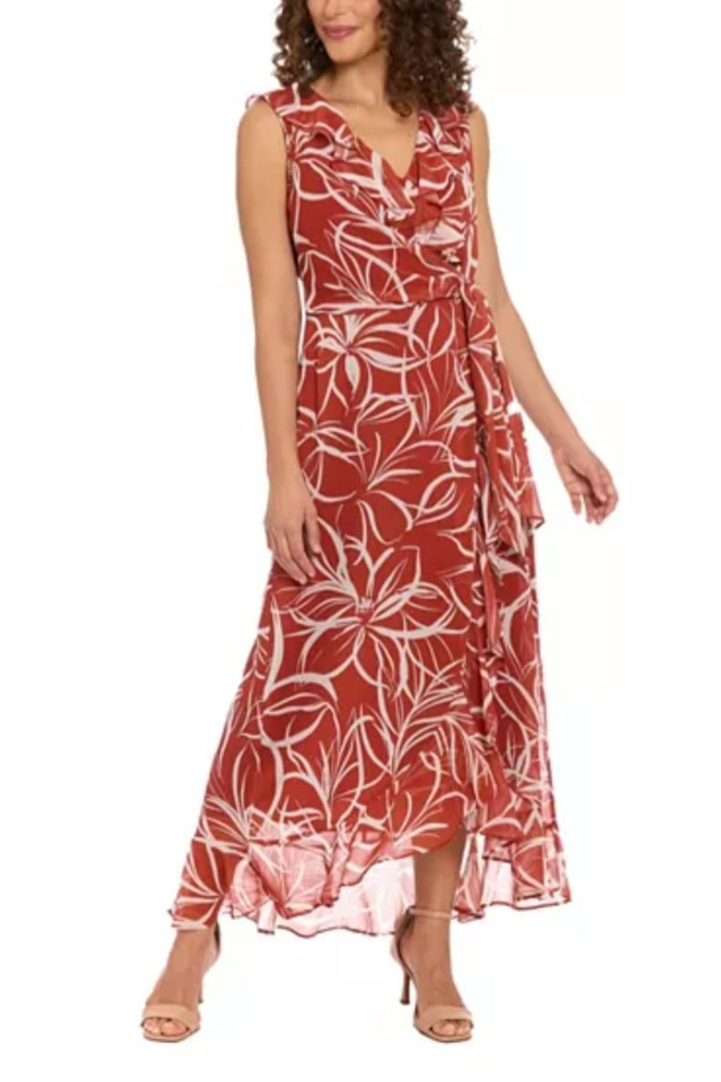 London Times Multi Print Faux Wrap Hi-Lo Dress