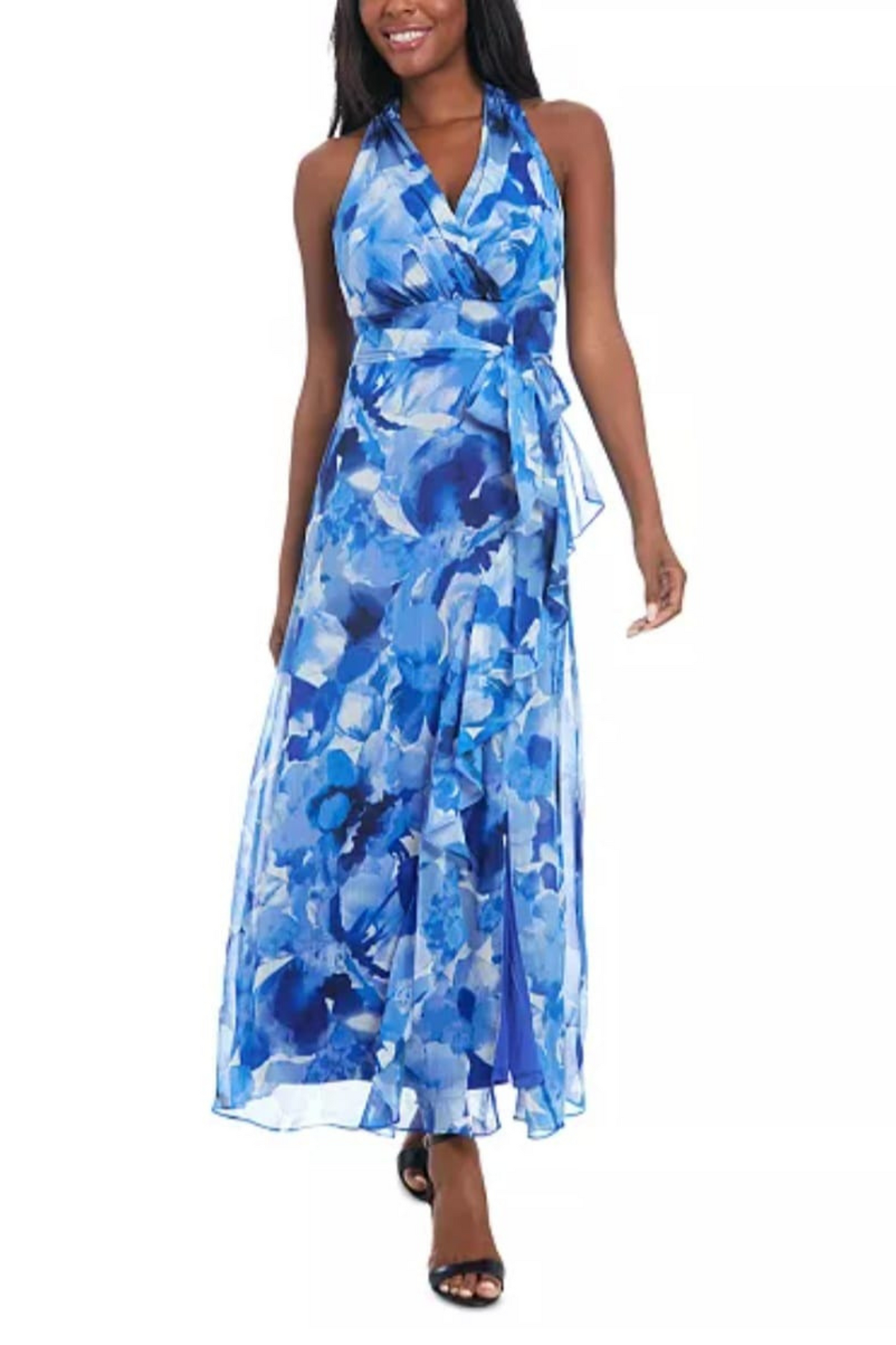 London Times Faux-Wrap Tie-Waist Maxi Dress