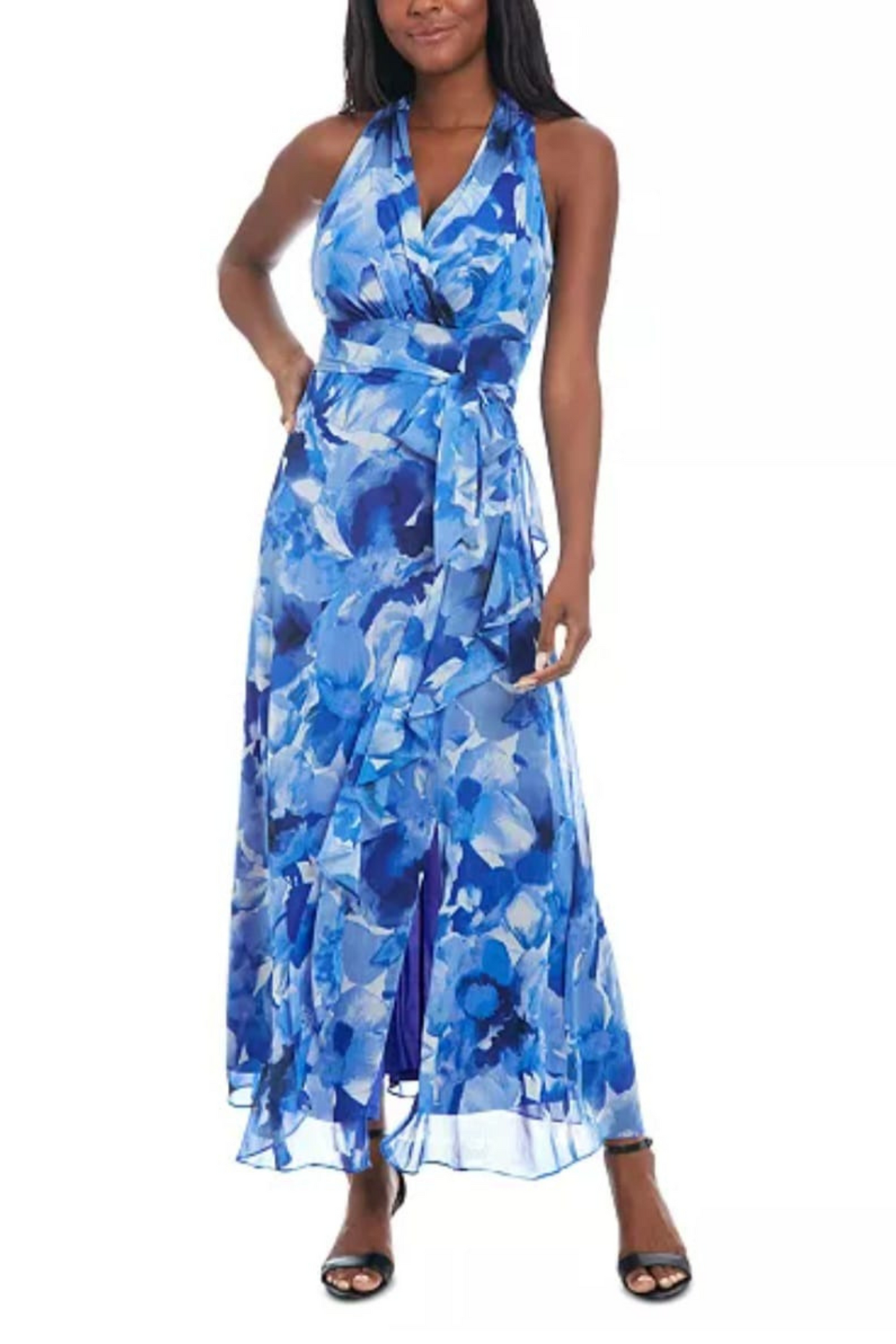 London Times Faux-Wrap Tie-Waist Maxi Dress