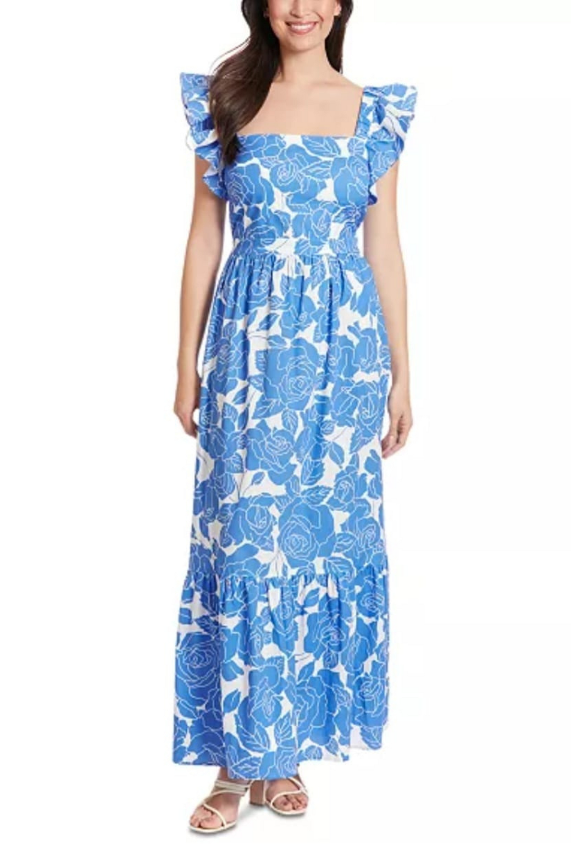 London Times Rose Print Ruffle Sleeve Maxi Dress New Yorker's Apparel London Times Rose Print Ruffle Sleeve Maxi Dress New Yorker's Apparel