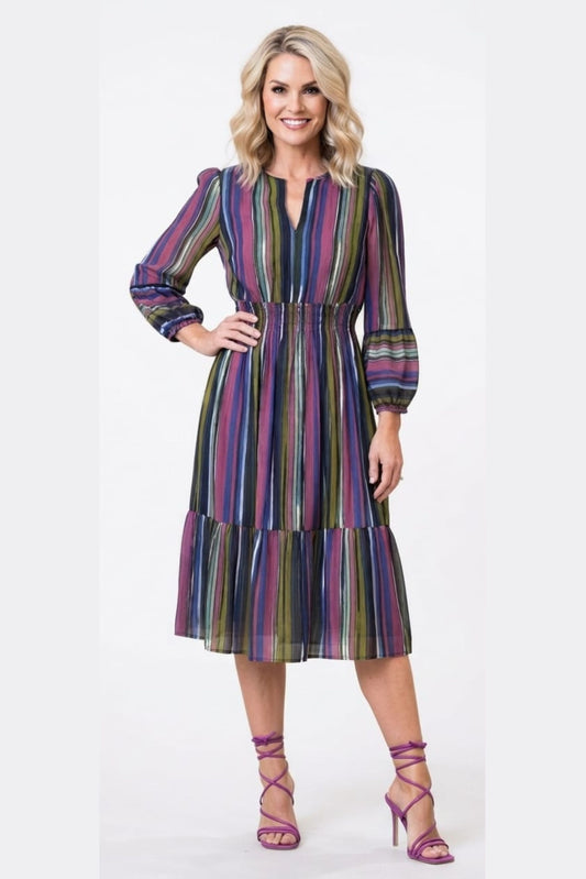 London Times Multi Color Stripe Midi Dress