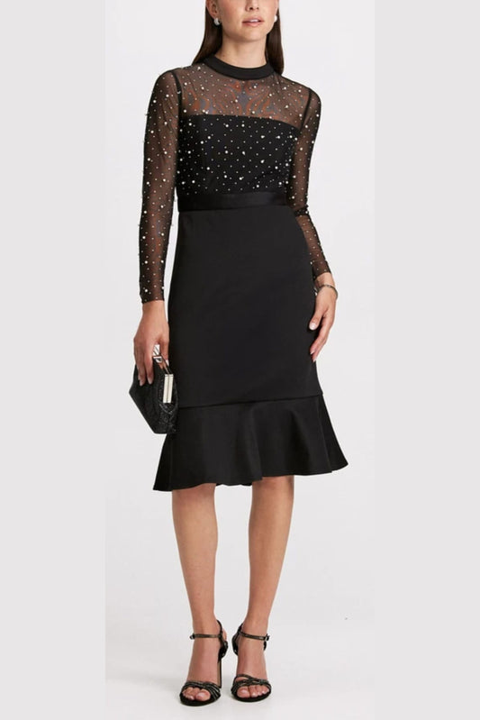 London Times Pearl Illusion Mock Neck Midi Dress