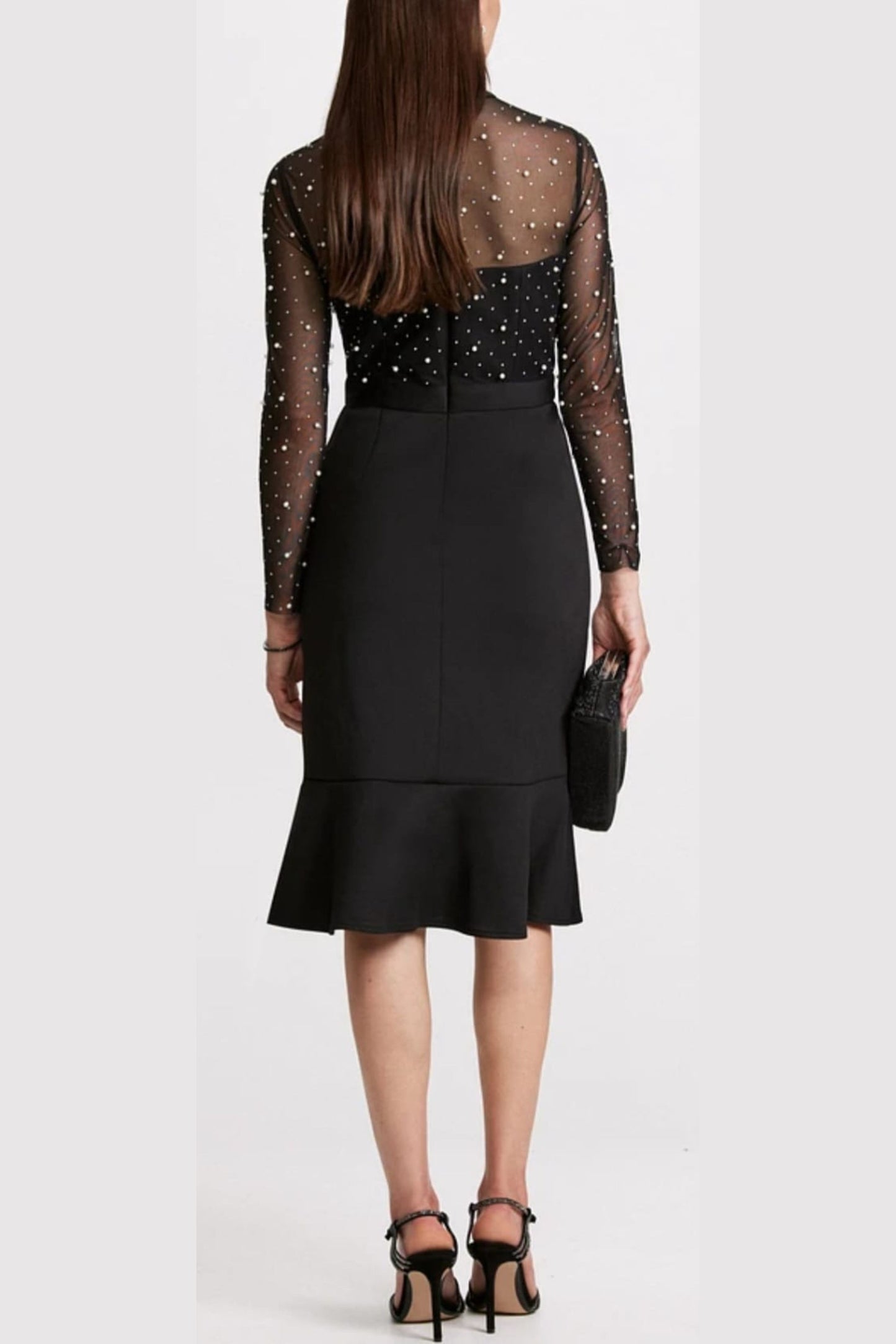 London Times Pearl Illusion Mock Neck Midi Dress