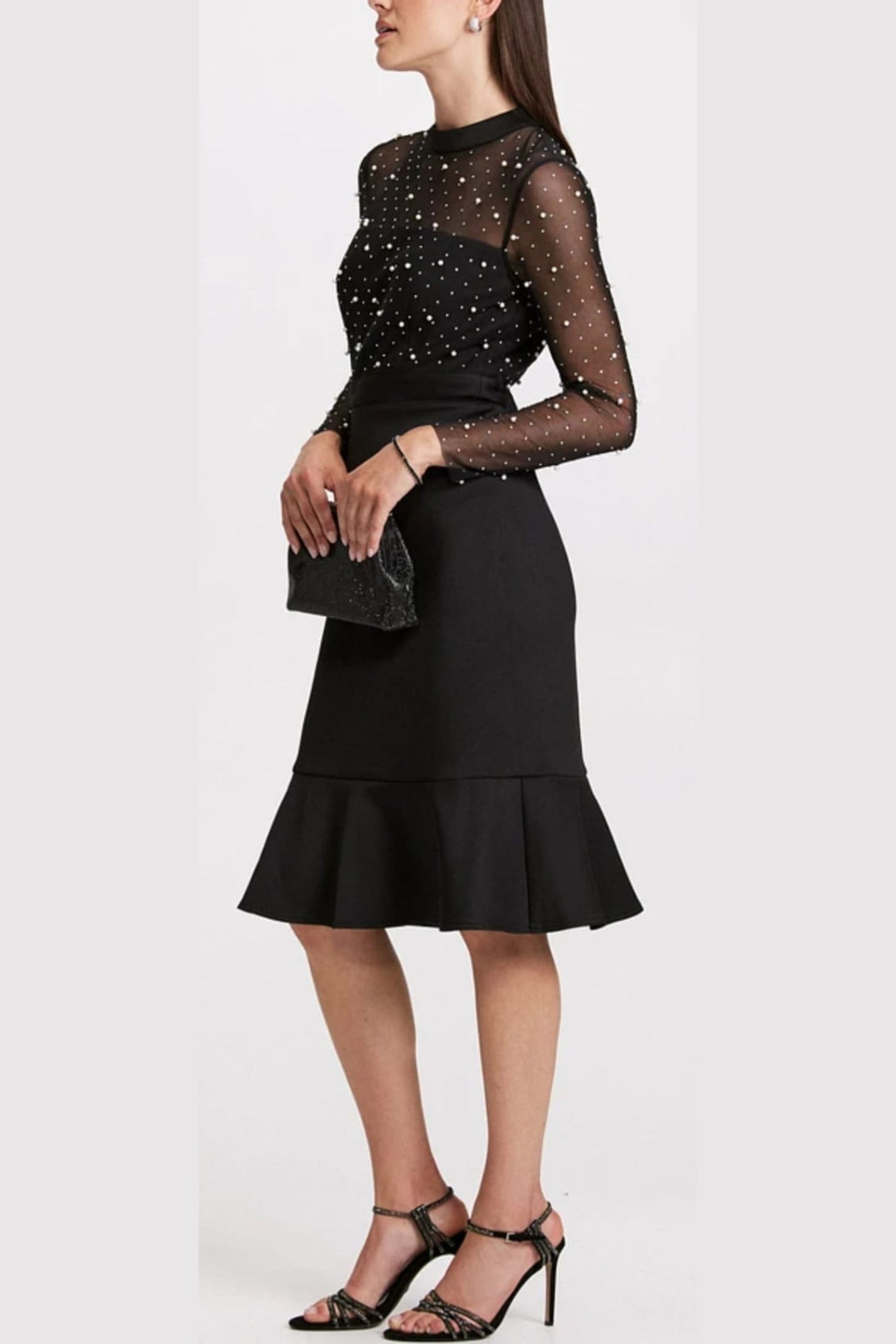 London Times Pearl Illusion Mock Neck Midi Dress