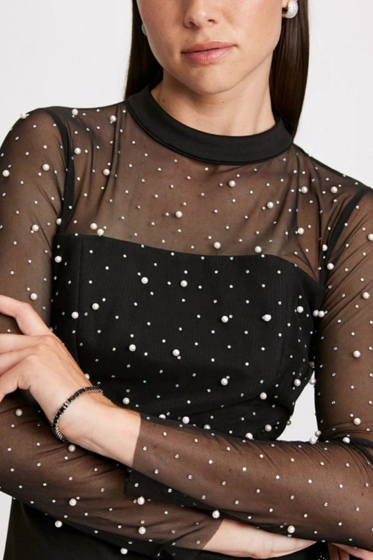 London Times Pearl Illusion Mock Neck Midi Dress