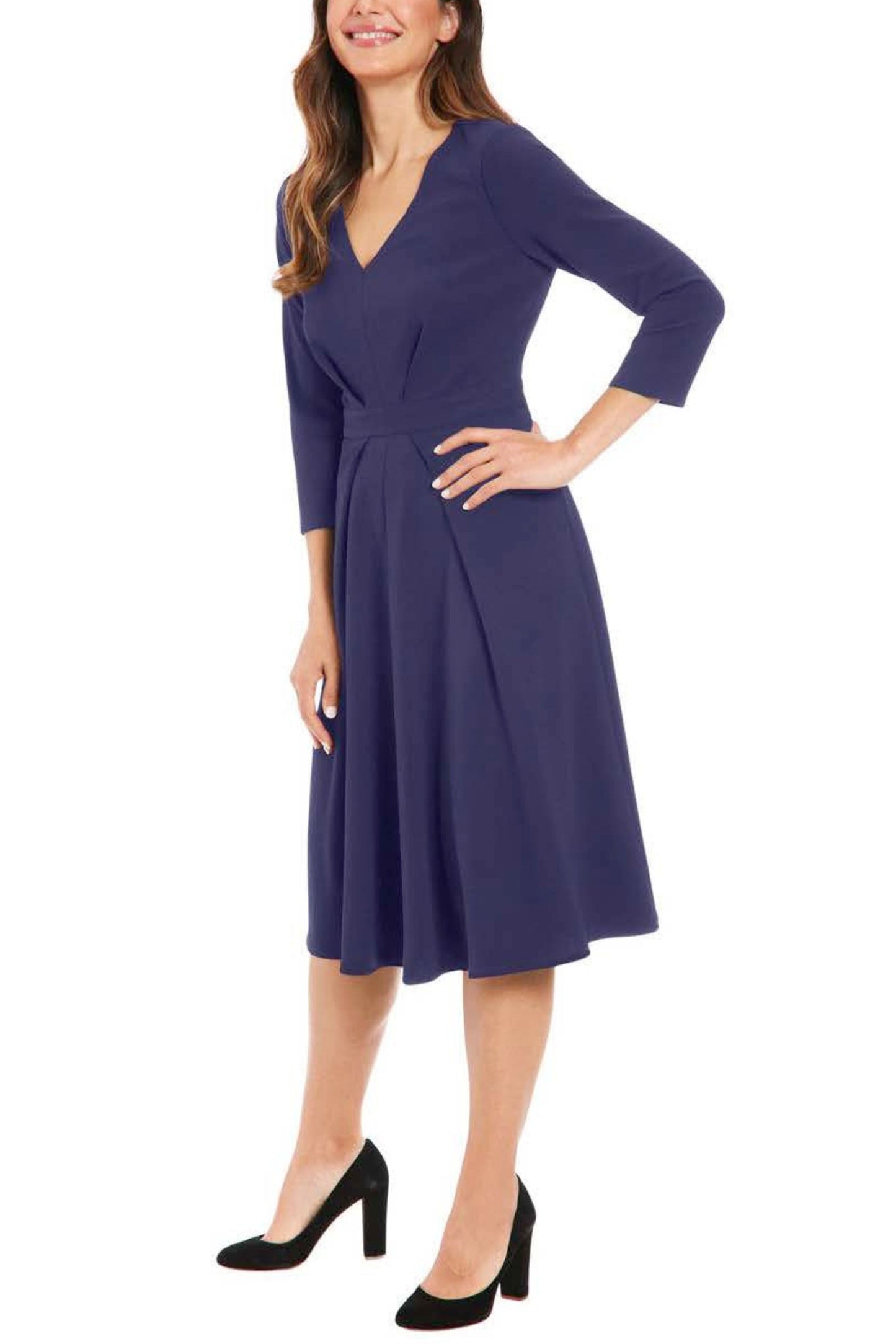 London Times 3/4 Sleeve A-Line Midi Dress