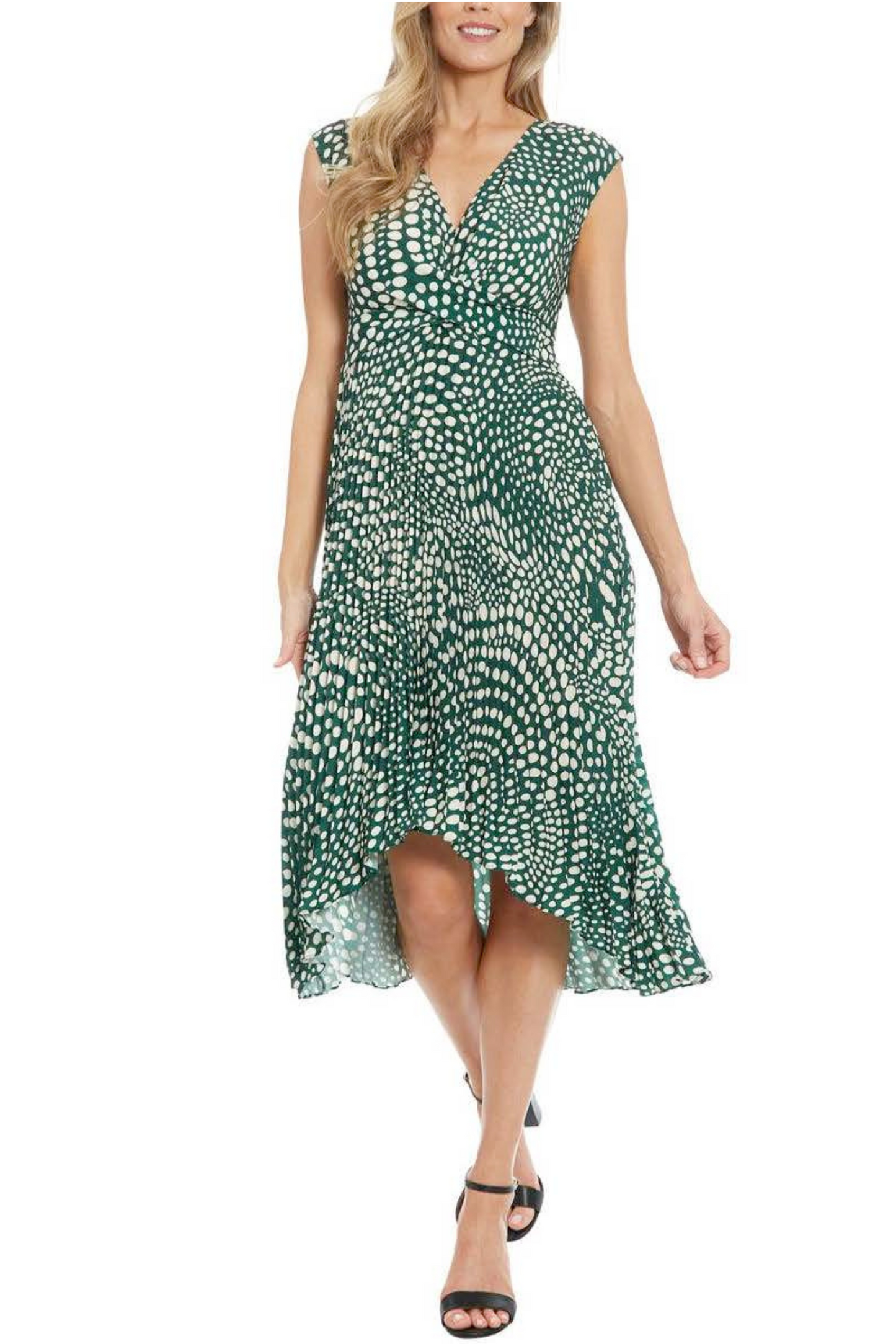 London Times Polkadot Pleated Hi-Lo Midi Dress