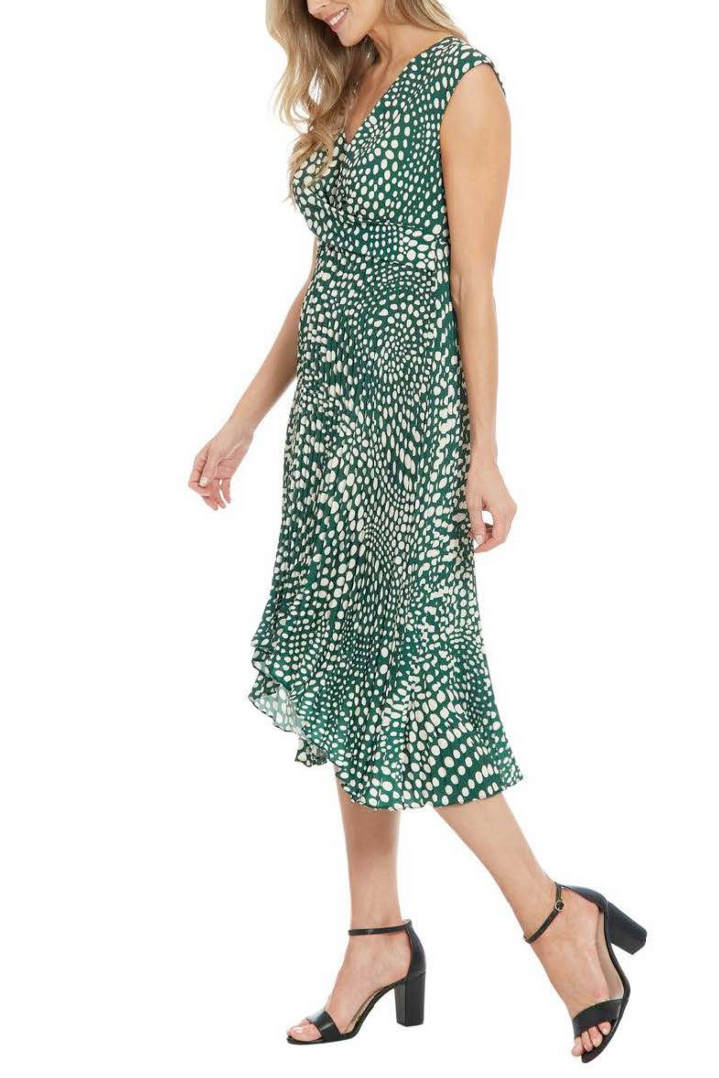 London Times Polkadot Pleated Hi-Lo Midi Dress