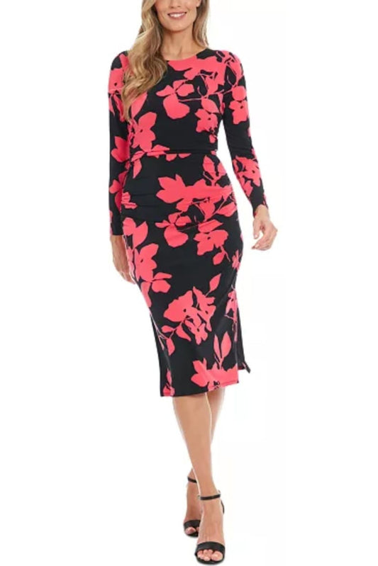 London Times Flower Print Sheath Midi Dress