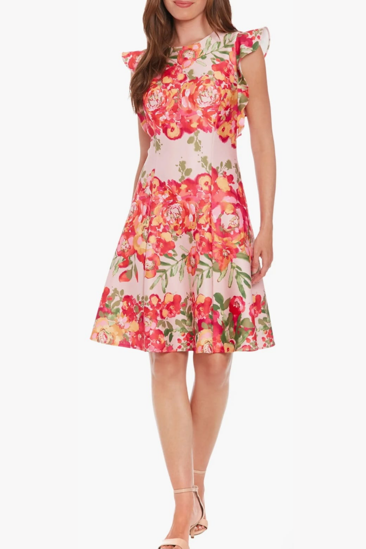 London Times Floral Print Ruffle Sleeve Dress