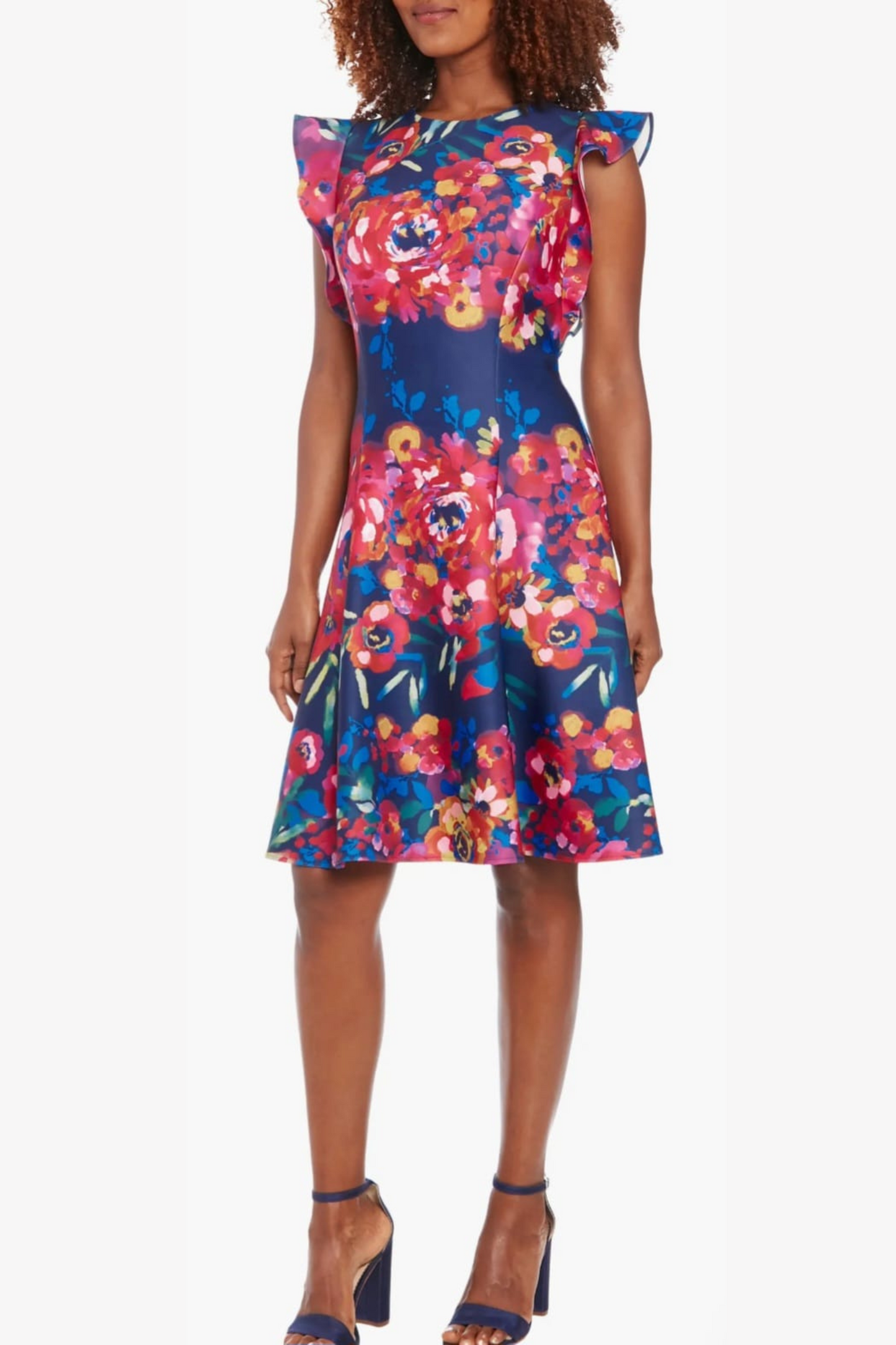 London Times Floral Print Ruffle Sleeve Dress