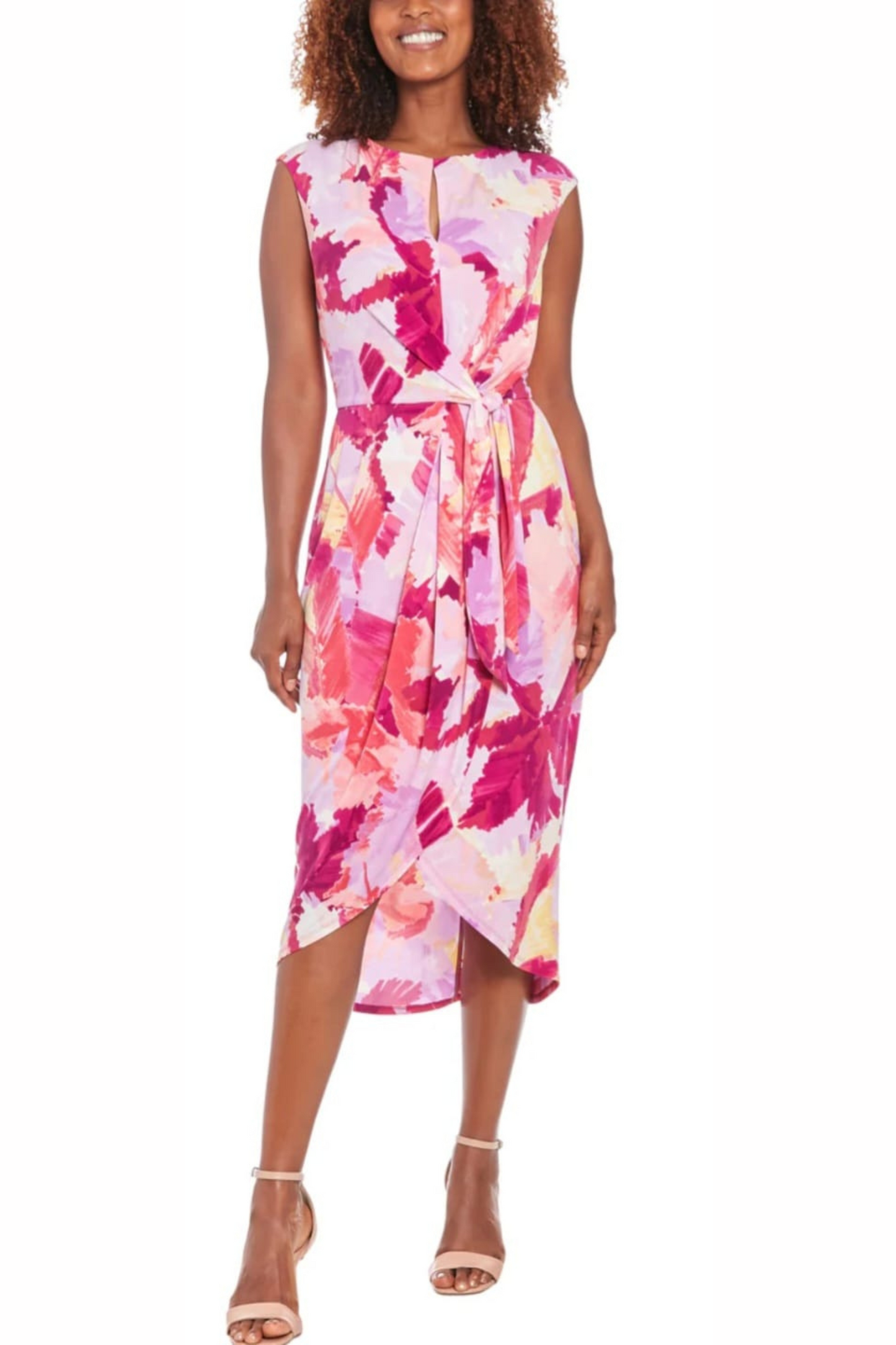 London Times Cap Sleeve Multi Print Midi Dress