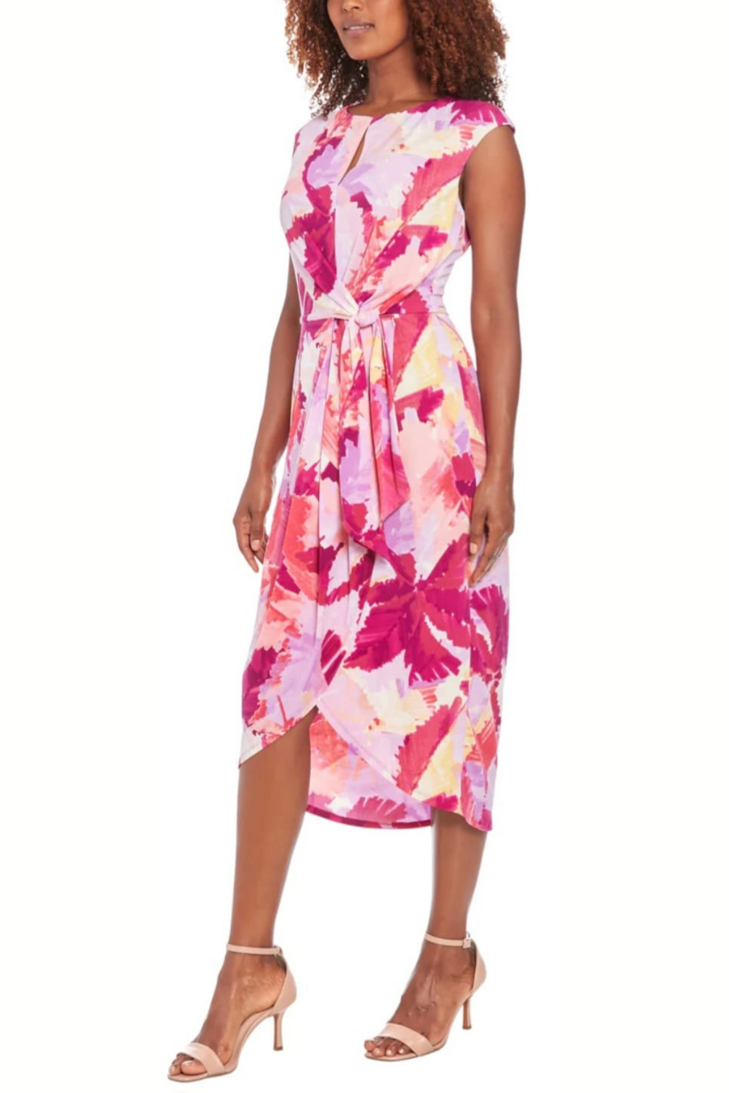 London Times Cap Sleeve Multi Print Midi Dress