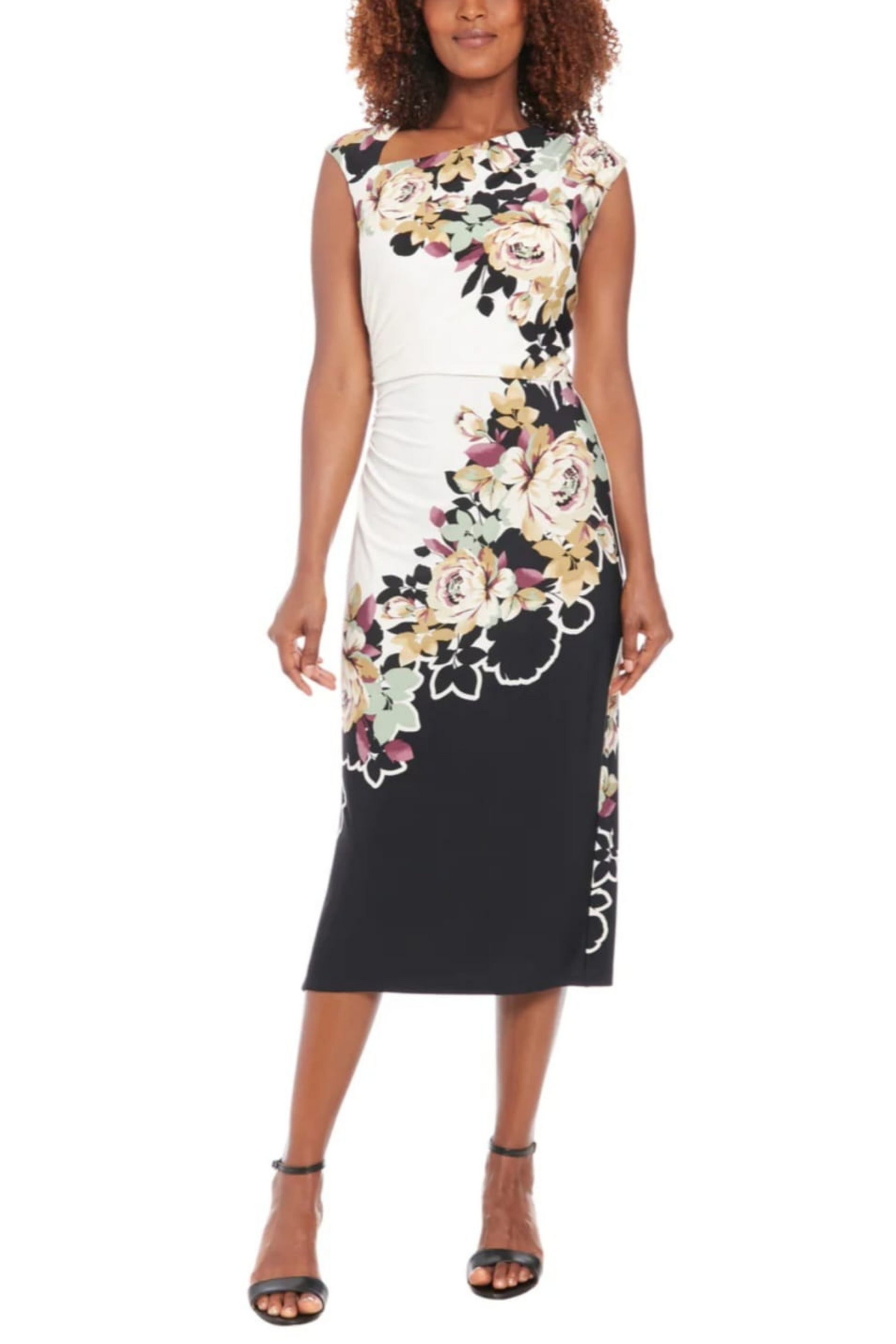 london times dress Plus Size Foldover-Neck Fit & Flare - Navy line detailing and adjustable tabs at the waist Women's Floral Puff Sleeve Maxi