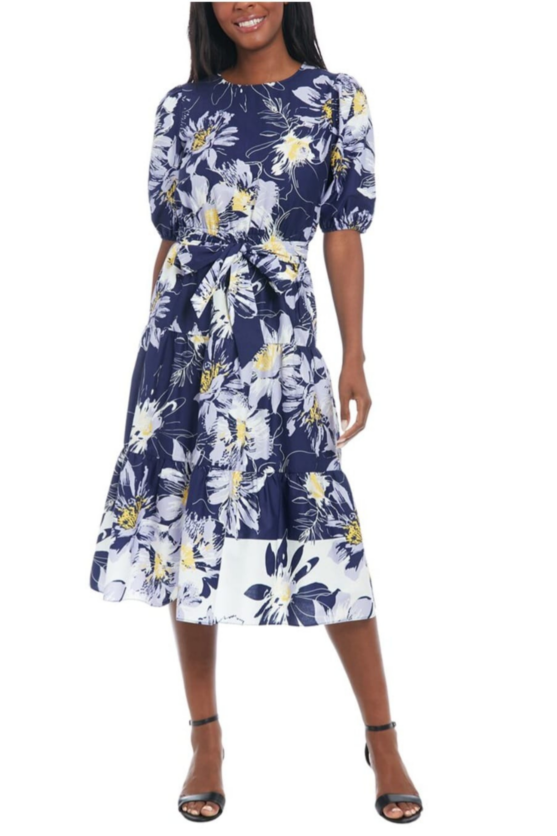 London Times Puff Sleeve Floral Print A-Line Dress London Times Puff Sleeve Floral Print A-Line Dress