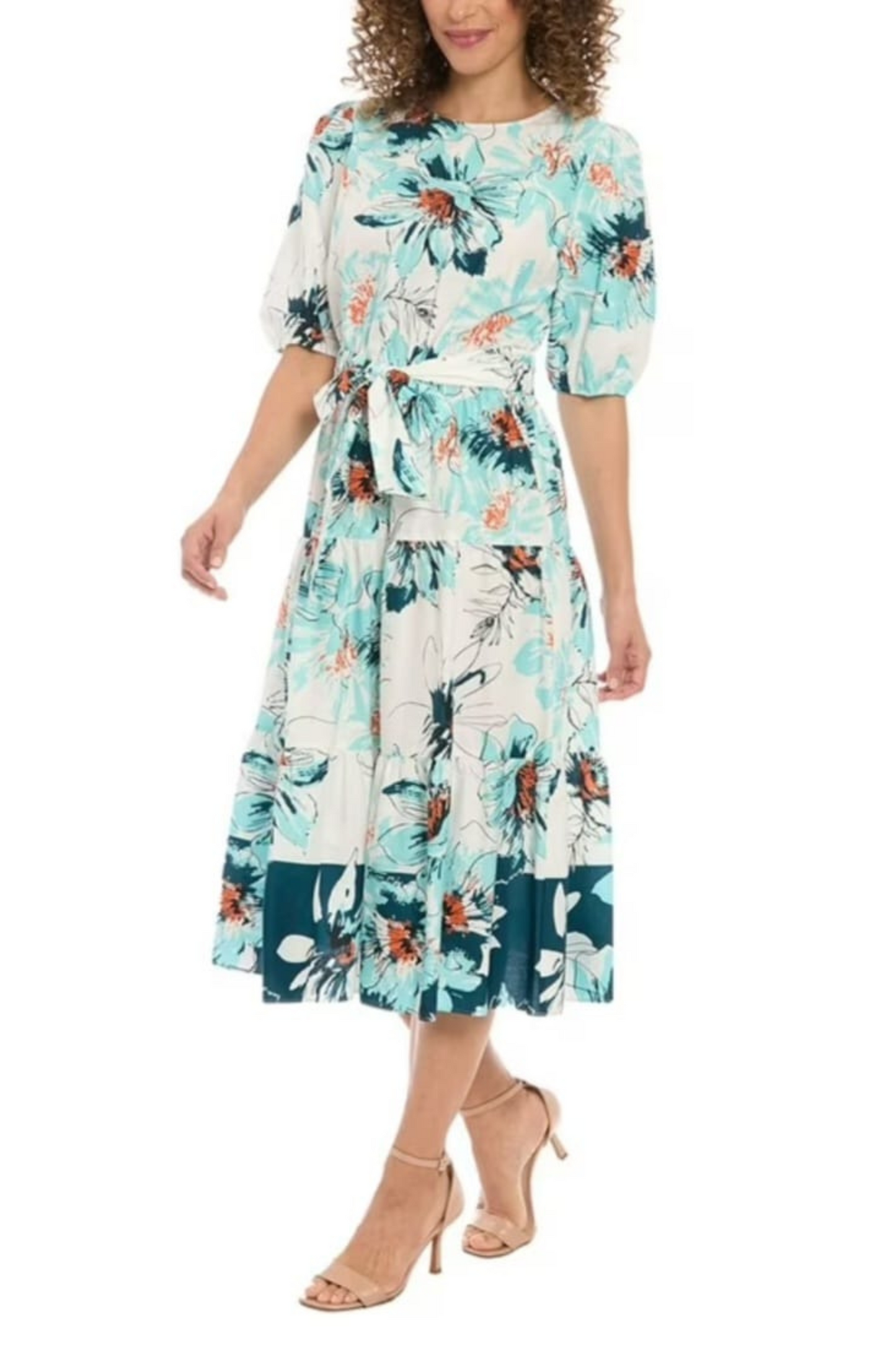 London Times Puff Sleeve Floral Print A-Line Dress