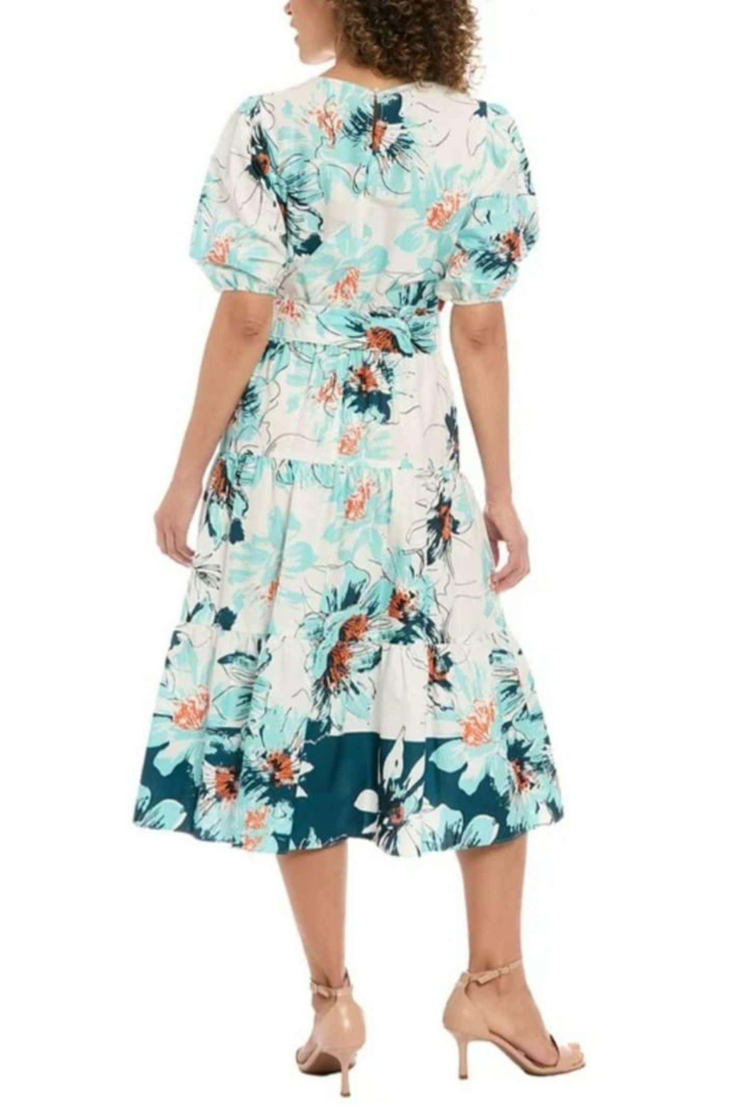 London Times Puff Sleeve Floral Print A-Line Dress