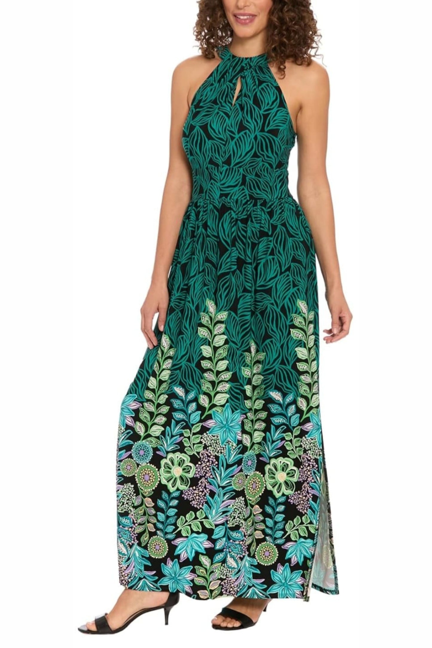 London Times Multi Print High Neck Maxi Dress