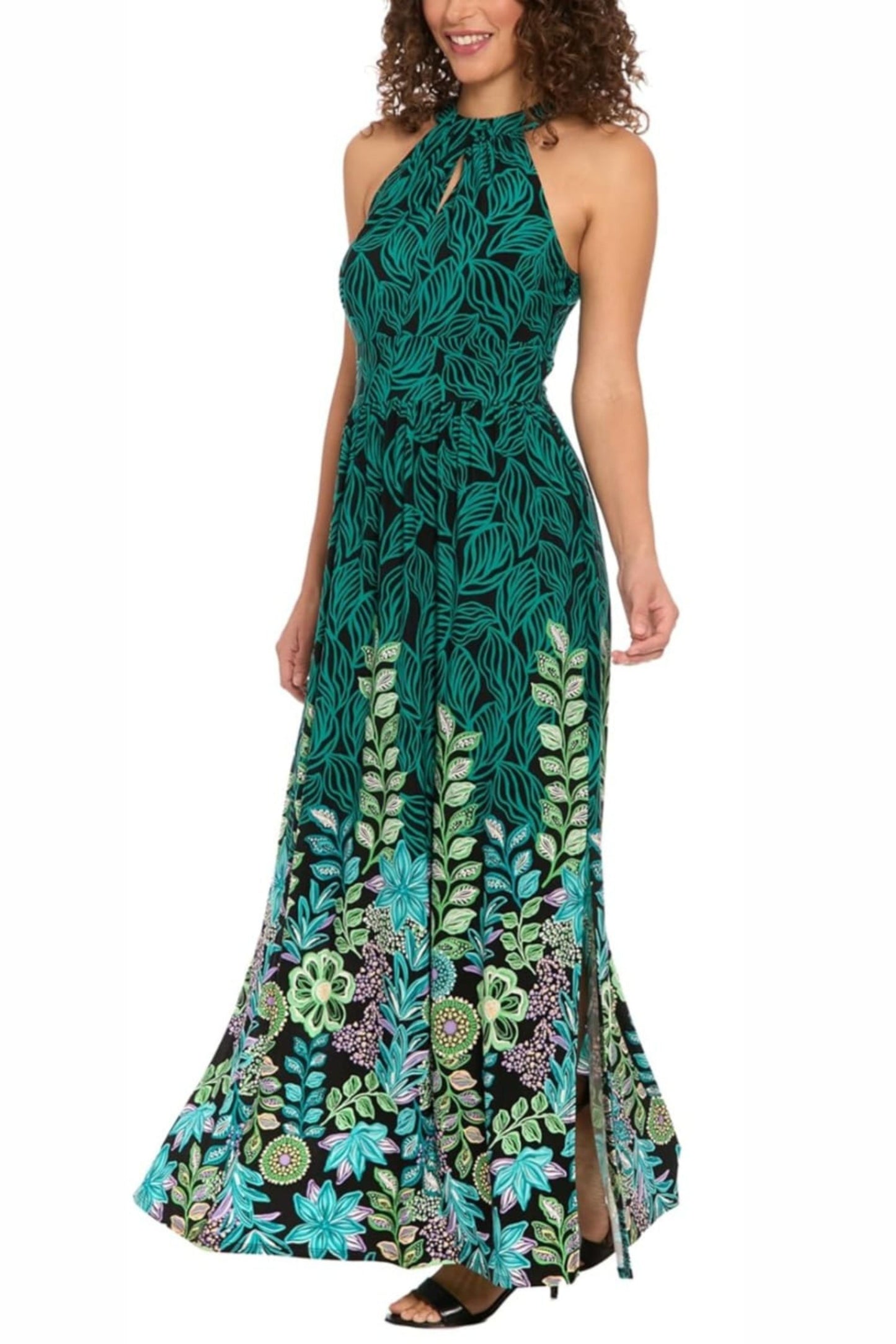 London Times Multi Print High Neck Maxi Dress