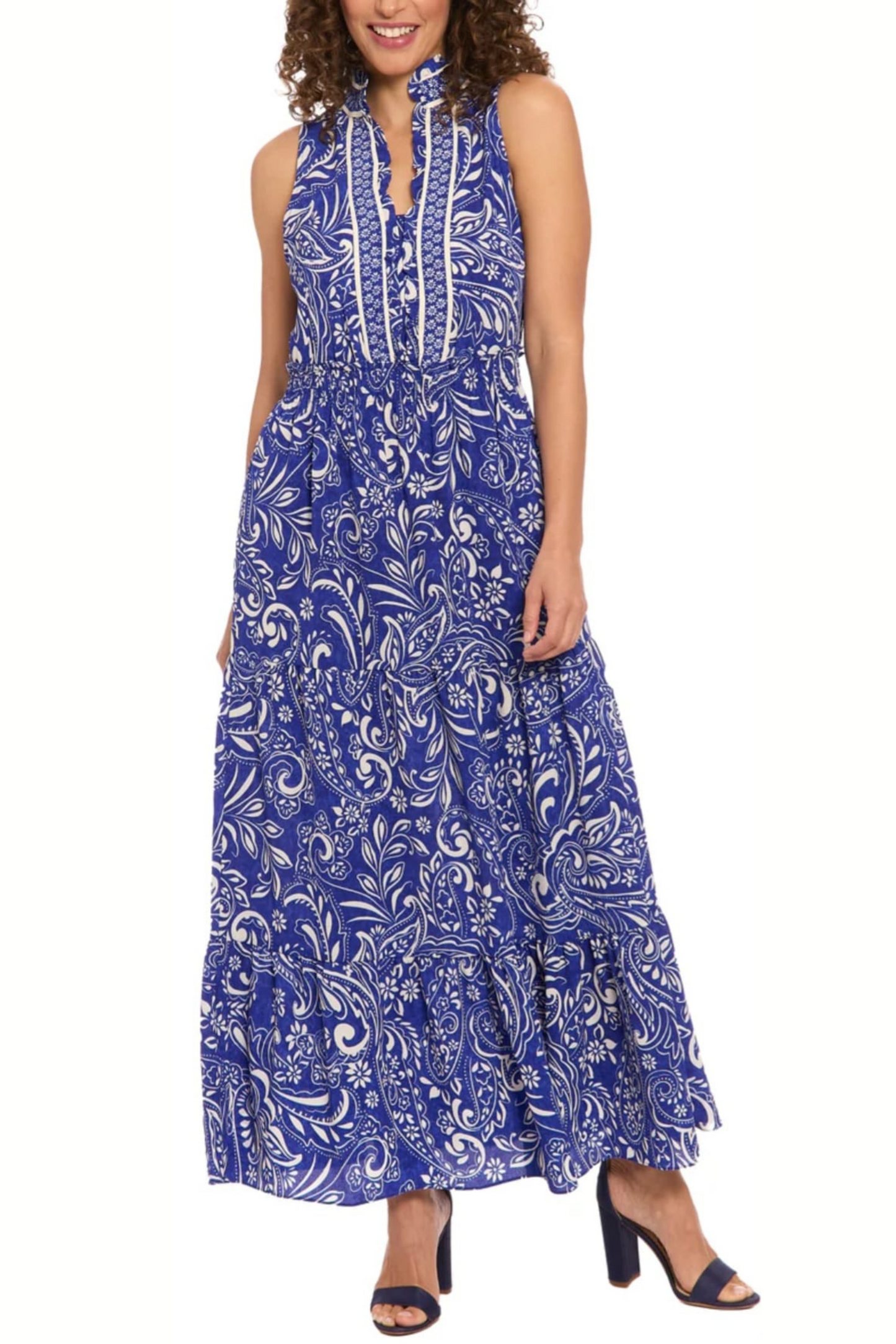 London Times High Neck Multi Print Maxi Dress
