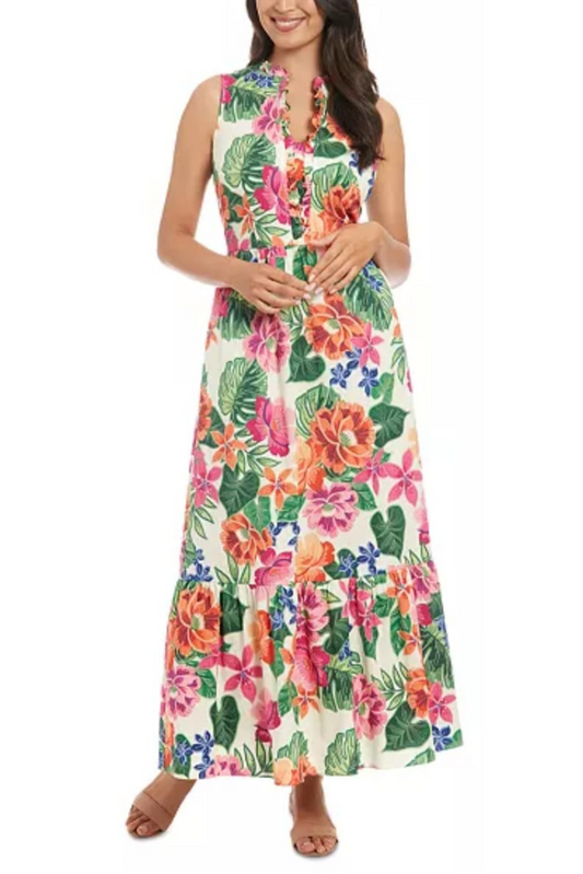 London Times Tropical Print Sleeveless Maxi Dress