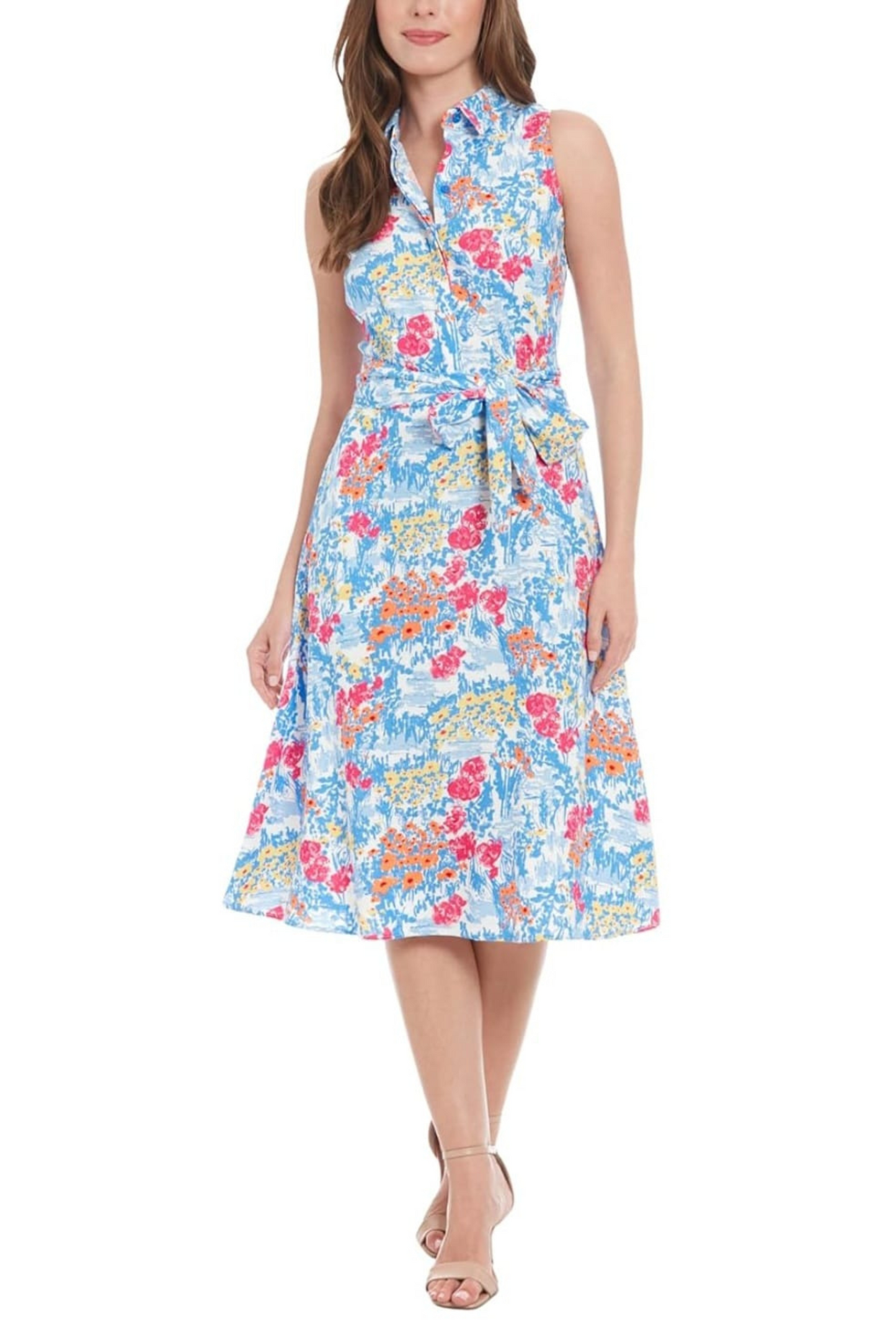 London Times Floral Collared A-Line Midi Dress