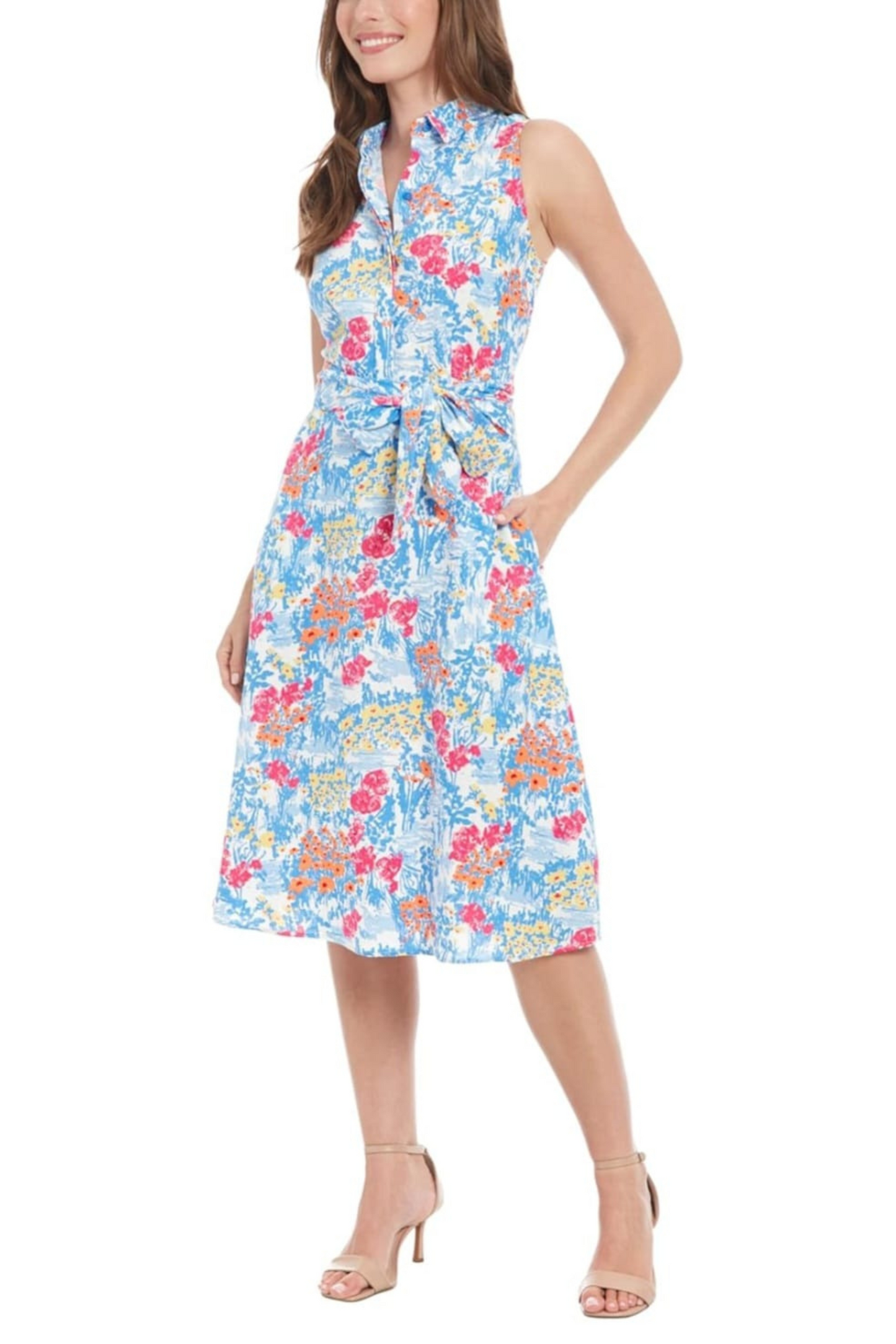 London Times Floral Collared A-Line Midi Dress