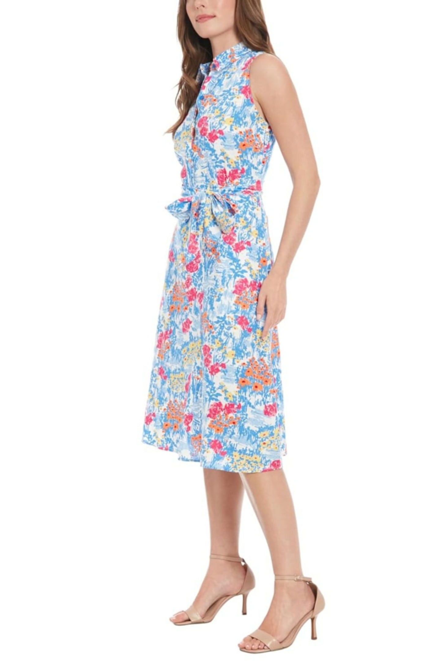 London Times Floral Collared A-Line Midi Dress