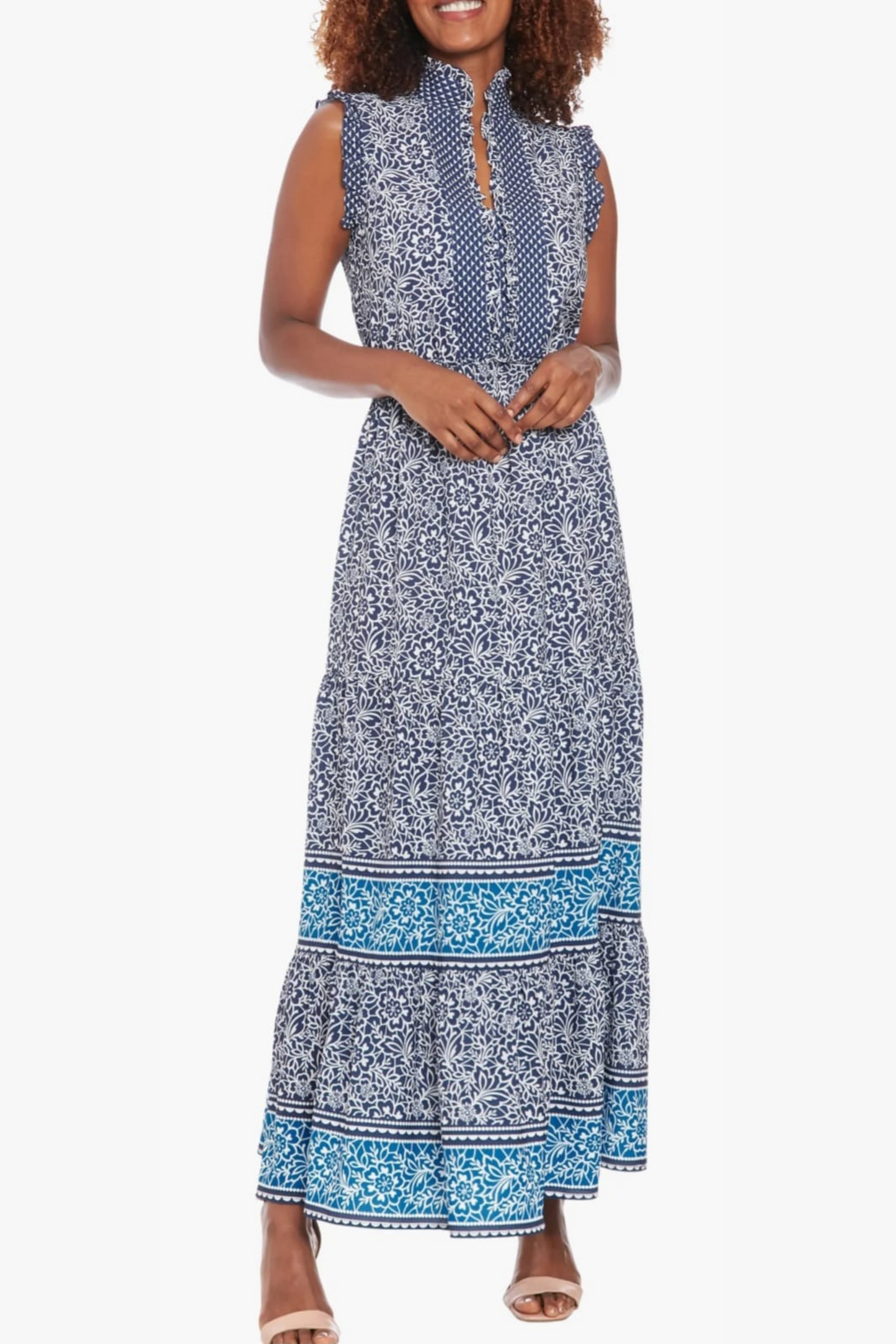 London Times High Neck Multi Print Maxi Dress