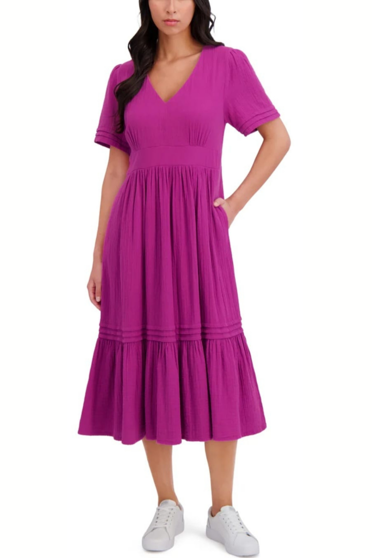 London Times Short Sleeve A-Line Midi Dress