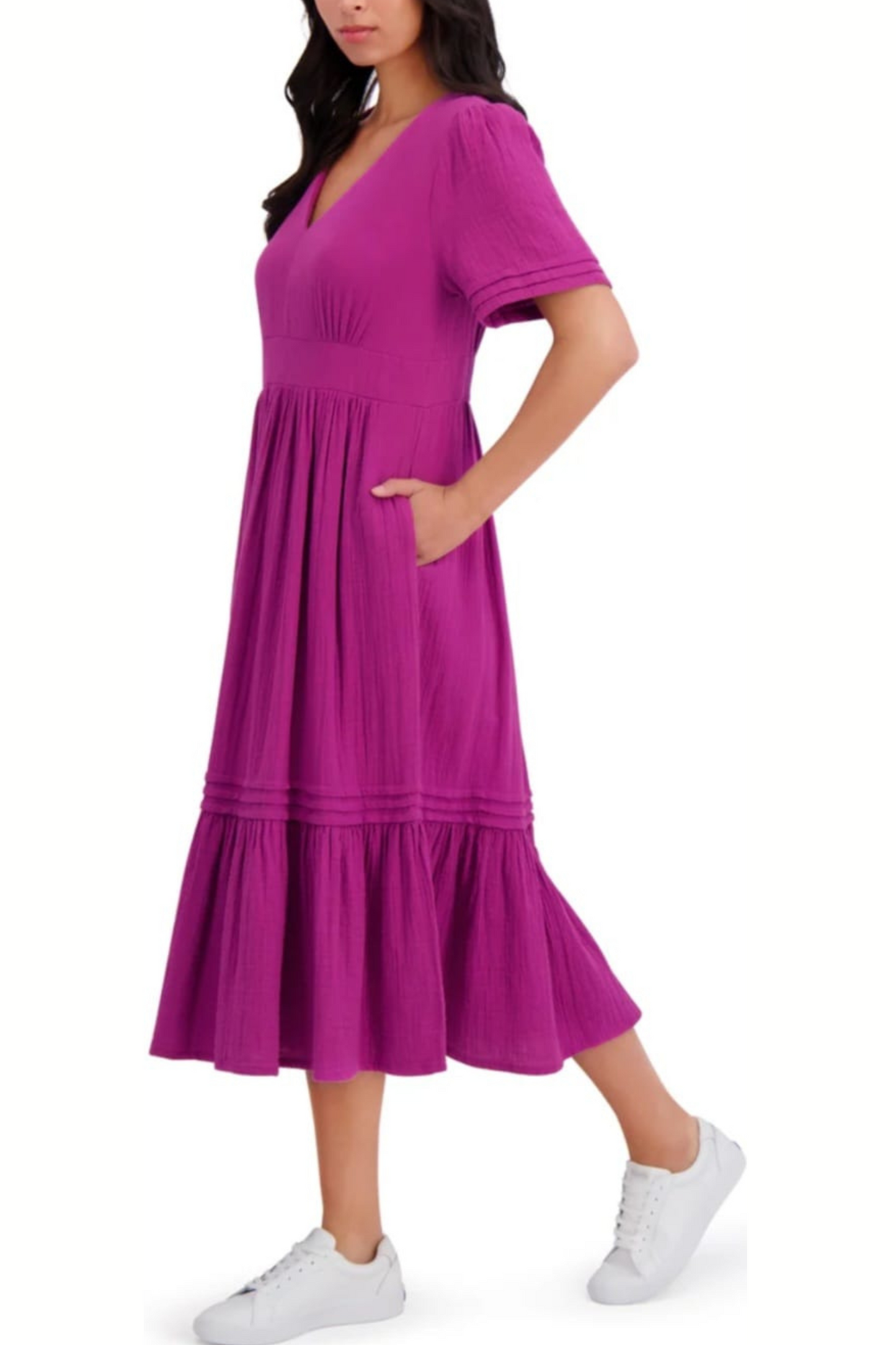 London Times Short Sleeve A-Line Midi Dress