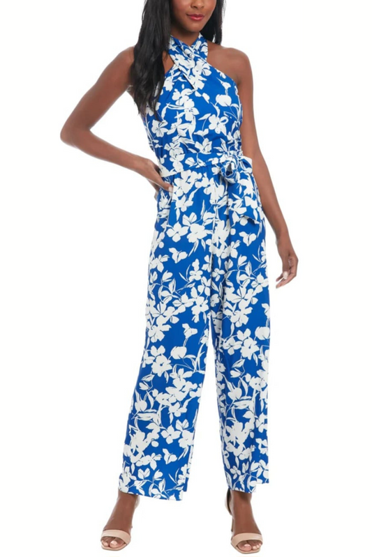 London Times Floral Print Halter Jumpsuit
