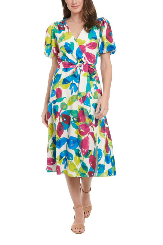 London Times Puff Sleeve Multi Color Midi Dress