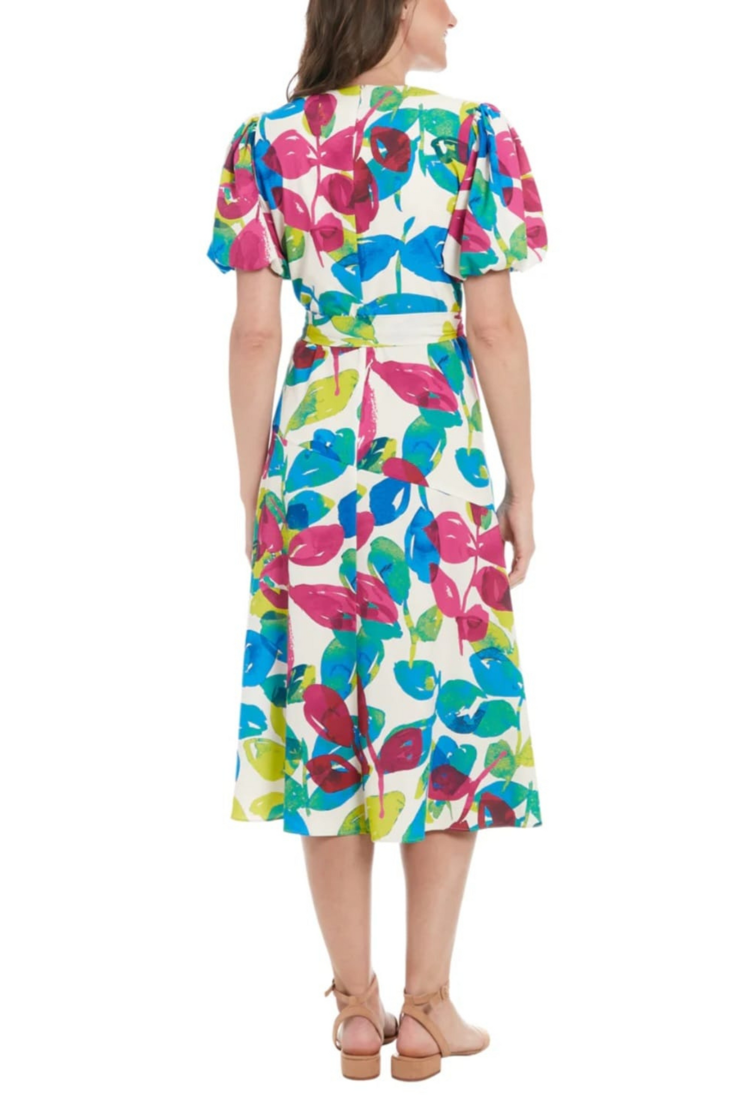 London Times Puff Sleeve Multi Color Midi Dress
