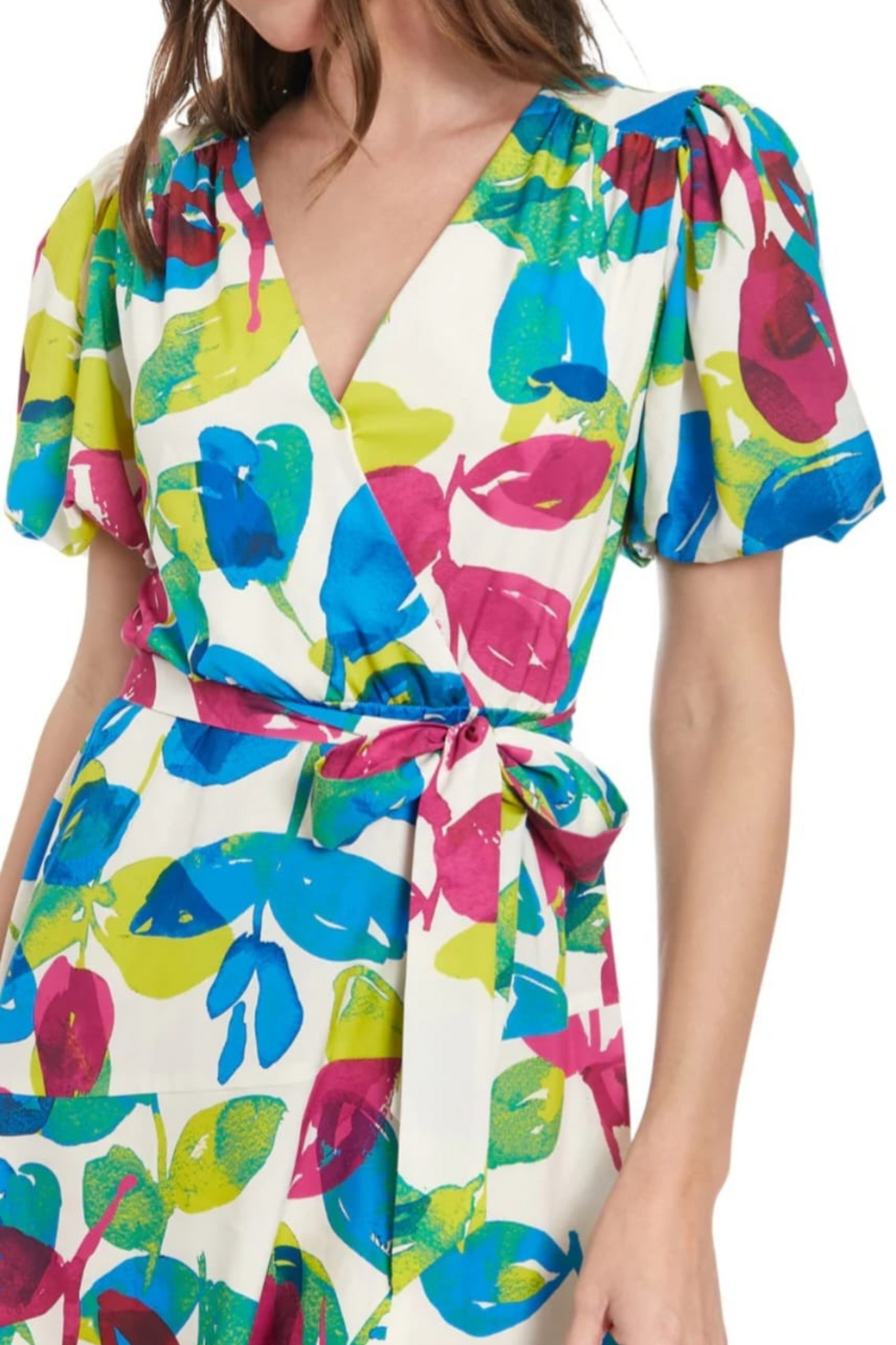 London Times Puff Sleeve Multi Color Midi Dress