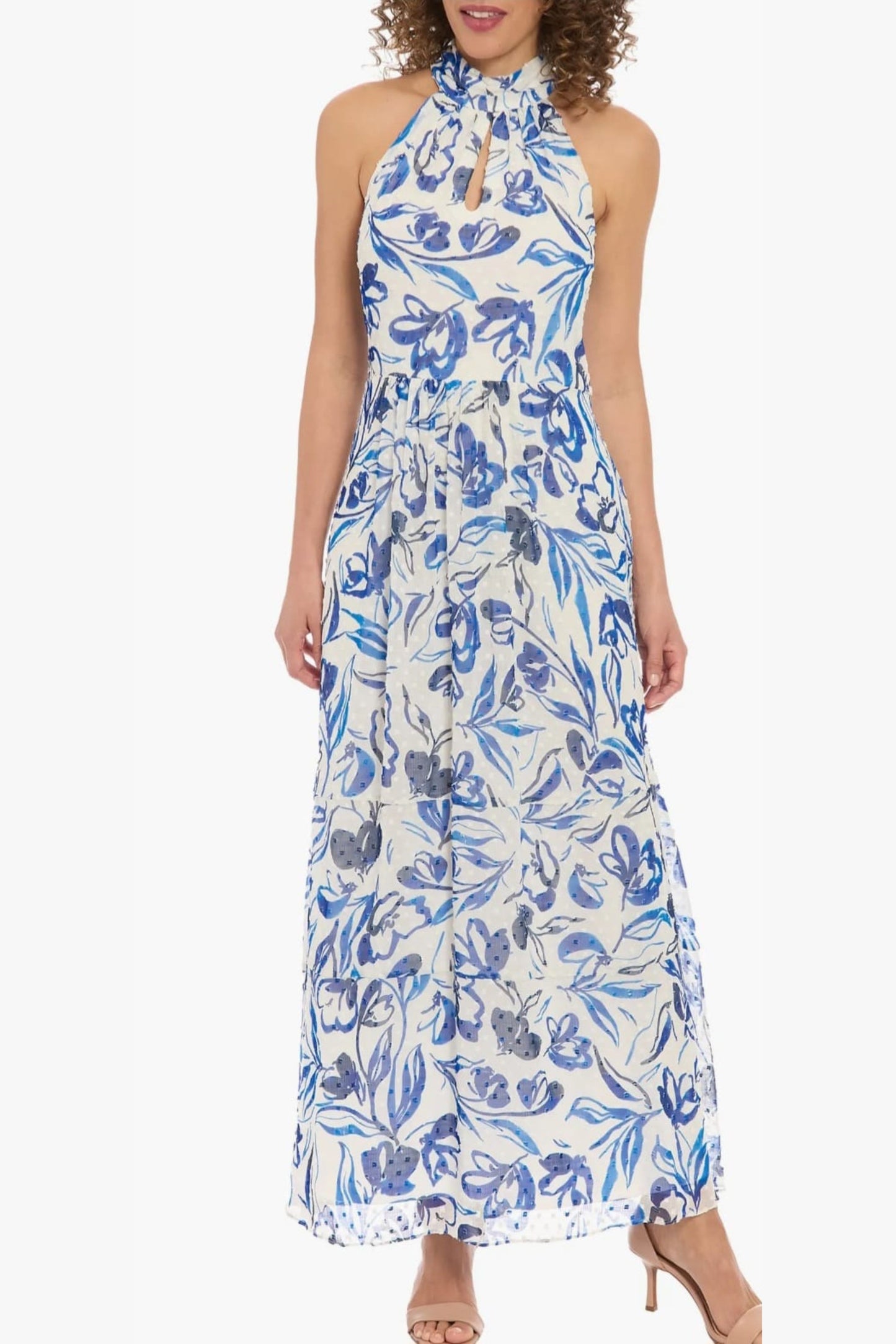 London Times Clip Dot Floral Print Maxi Dress