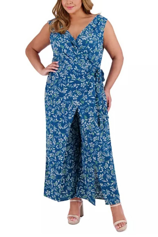 London Times Floral Print Sleeveless Jumpsuit
