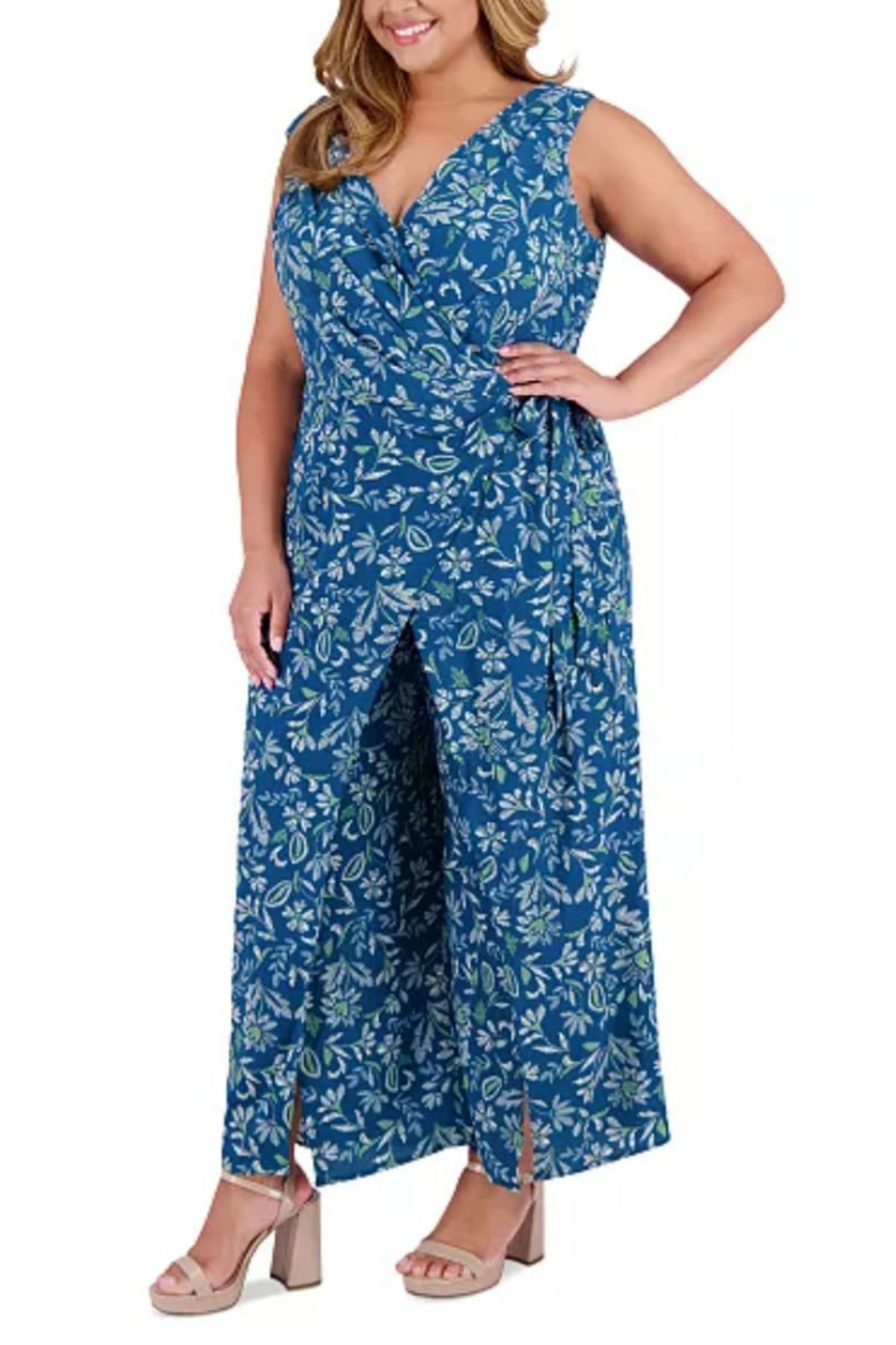 London Times Floral Print Sleeveless Jumpsuit